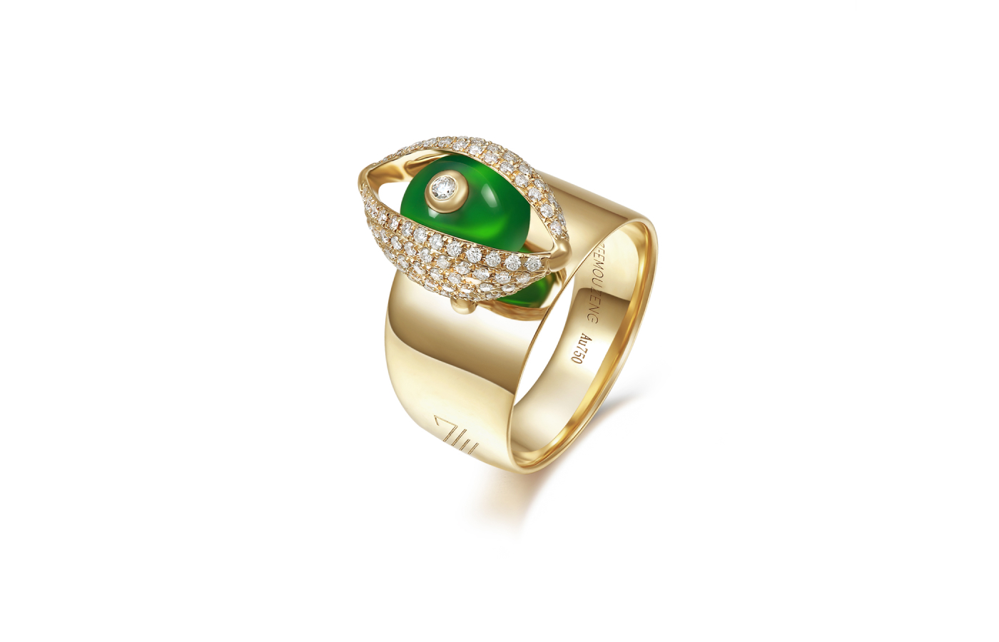  Zeemou Zeng Eye diamond cocktail ring in 18k yellow gold with green chalcedony and a round brilliant-cut diamond centre