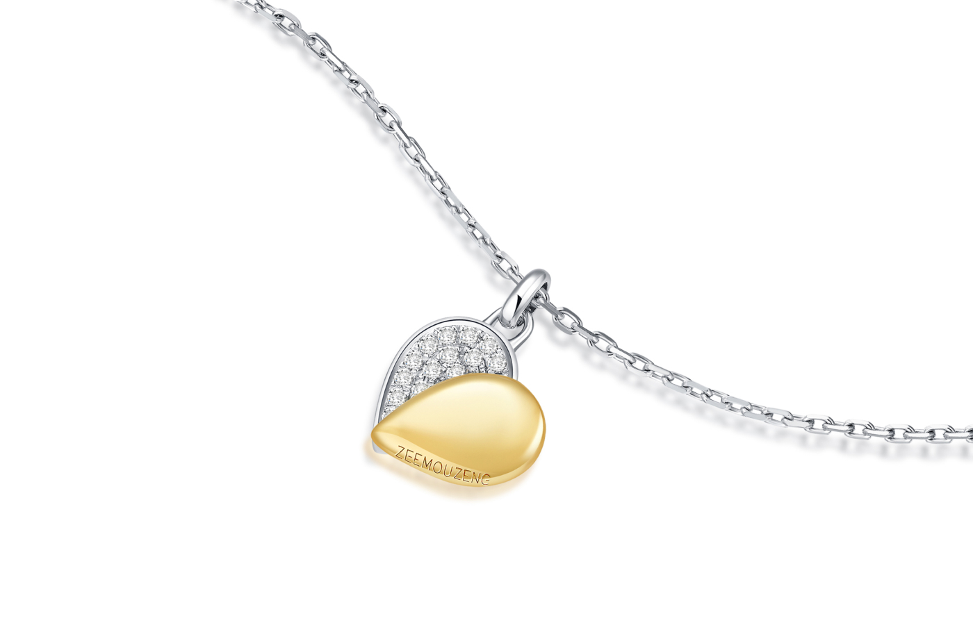  Zeemou Zeng Heart unisex pendant necklace in 18k white gold with pavé diamonds and 18k yellow gold details 