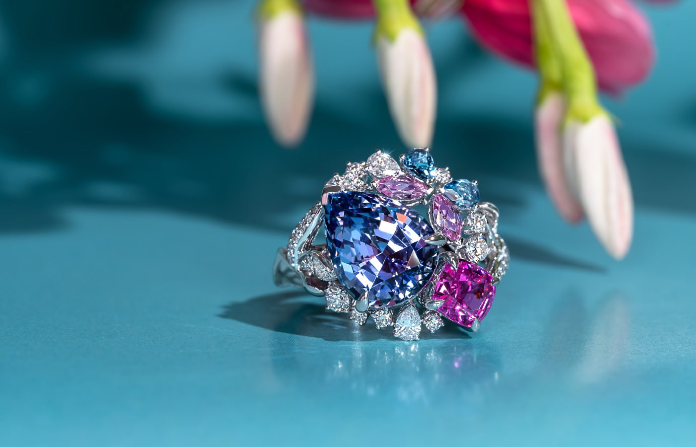 MADLY bespoke floral ring featuring tanzanite, hot pink sapphire, aquamarine and spinel 