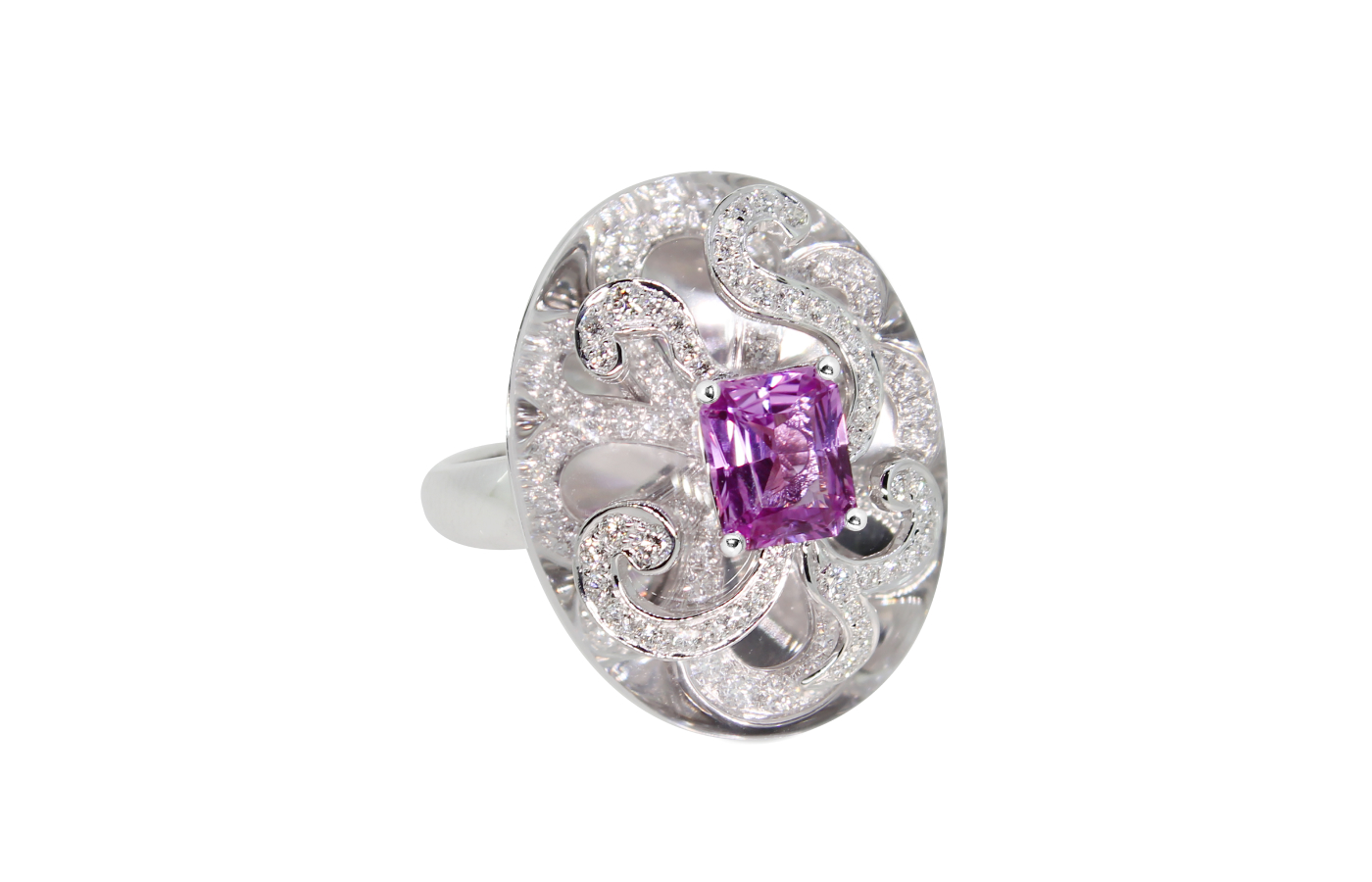 Simone Jewels Bombshell Hidden Gem ring with pink sapphire, white quartz and diamonds in 18k white gold