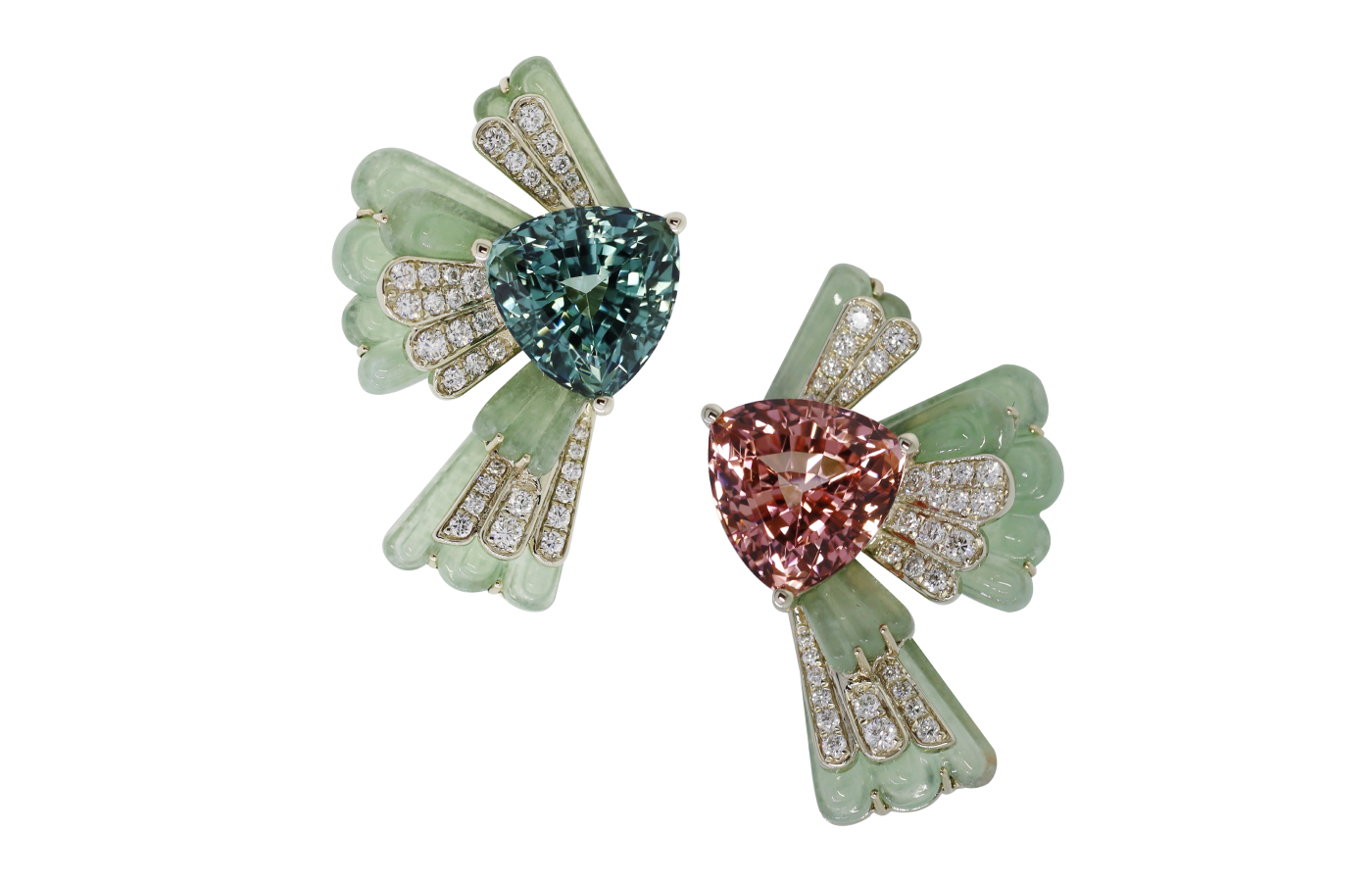  Simone Jewels Portraits of Porcelain Paradise in Harmony earrings with lagoon and pink trilliant tourmaline, jade and diamonds in 18k gold