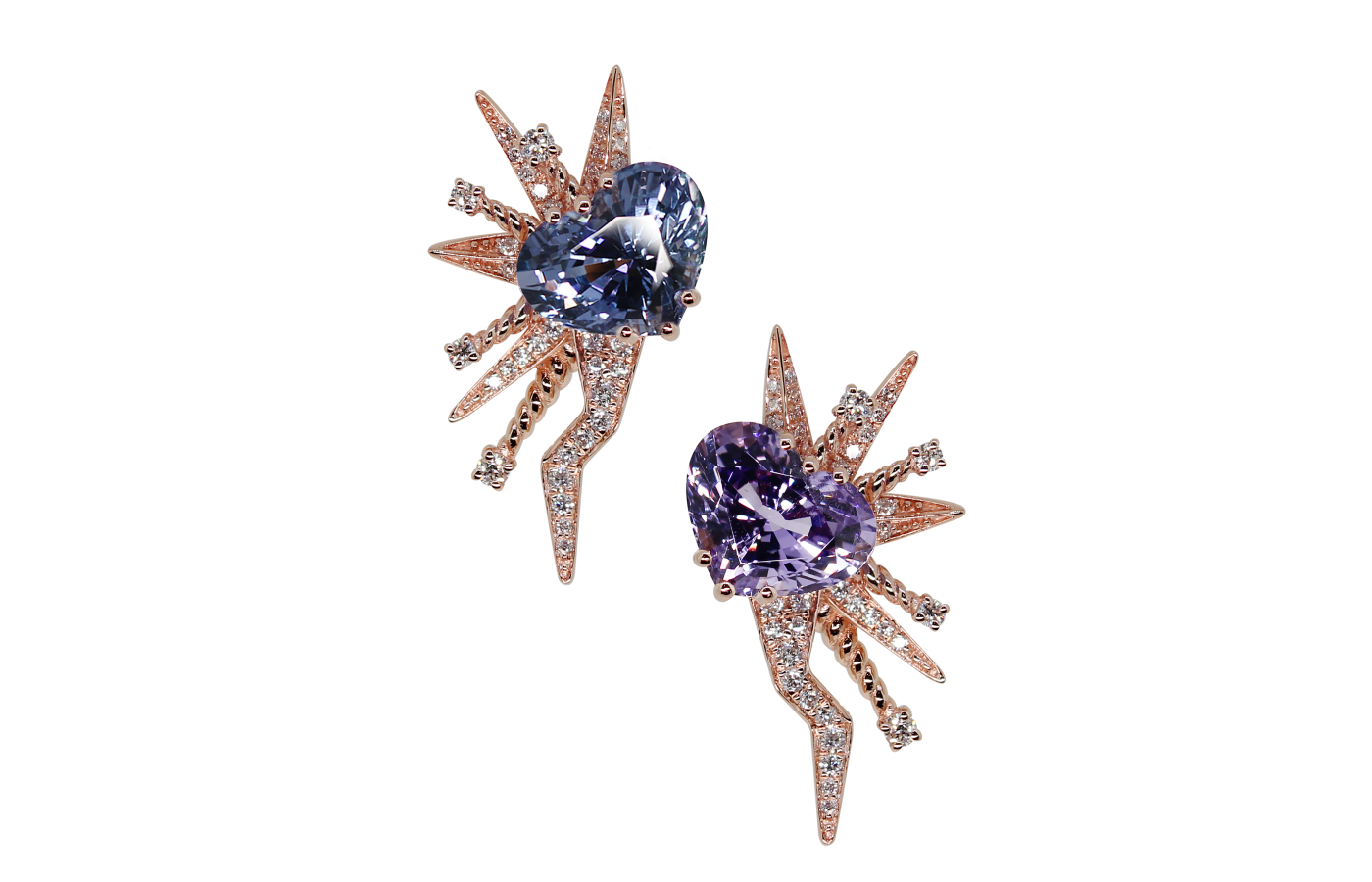  Simone Jewels Bombshell A Star is Born earrings with blue and purple spinel, diamonds in 18k rose gold
