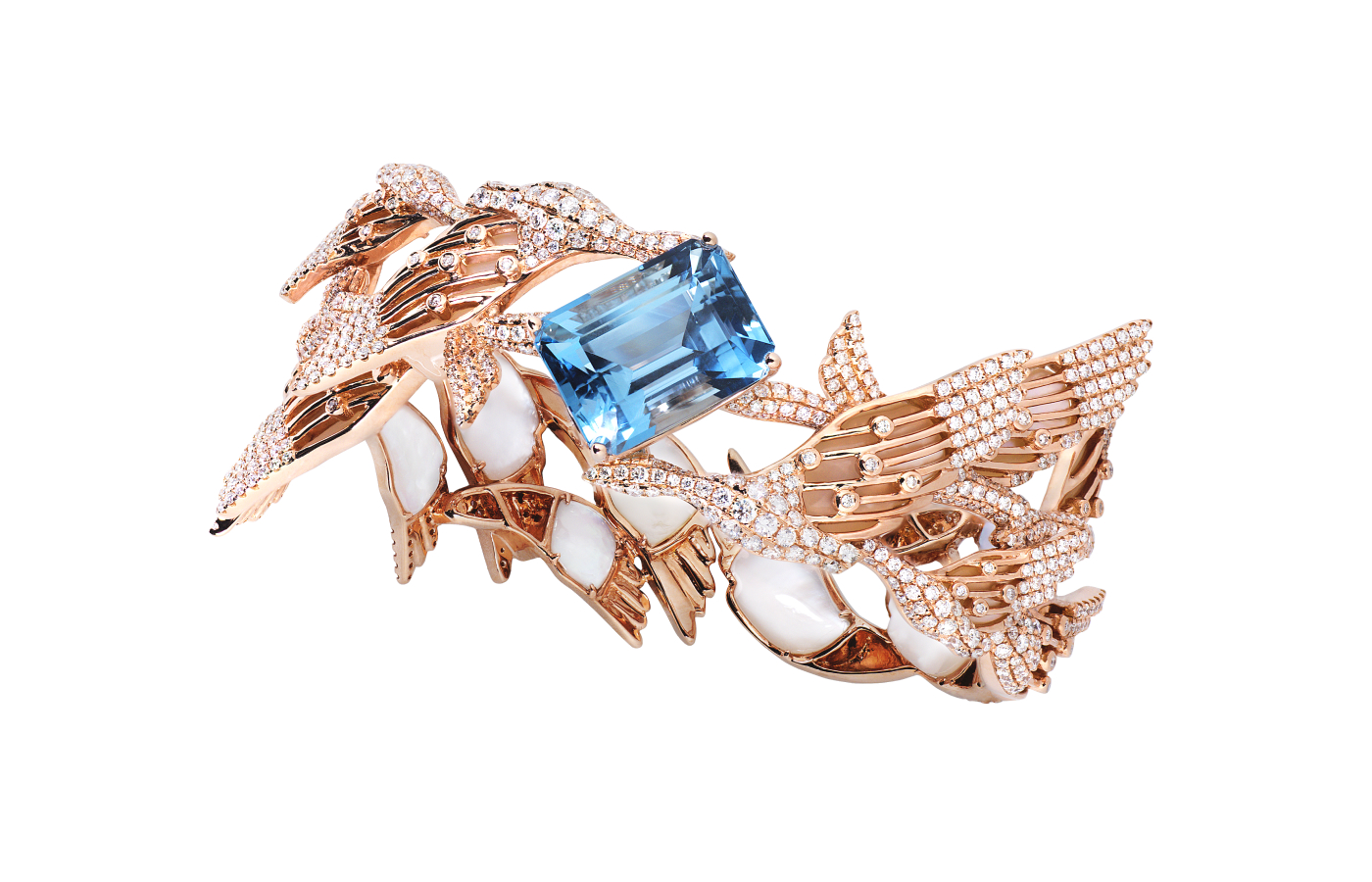  Simone Jewels Birds in Poetry Paradiso bangle with certified Santa Maria aquamarine, diamonds and white mother of pearl in 18k rose gold