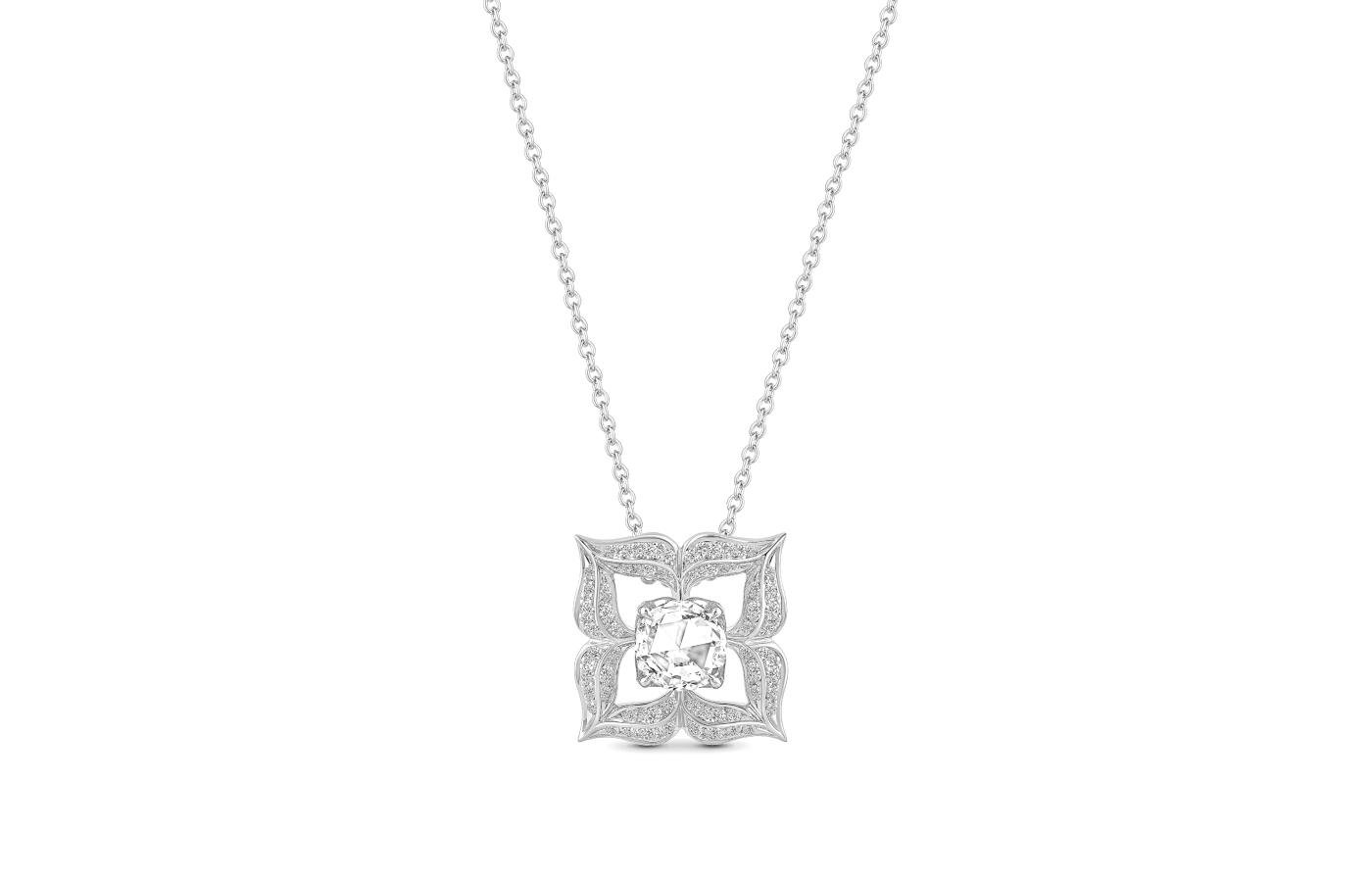HARAKH Mandala pendant necklace in 18k white gold with brilliant and rose-cut diamonds 