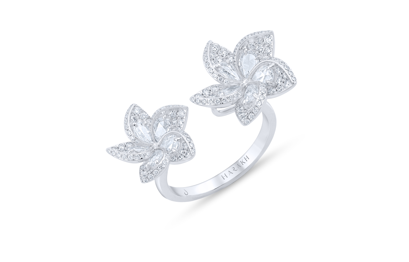  HARAKH Frangipani Double Flower ring with brilliant and rose-cut diamonds in 18k white gold 