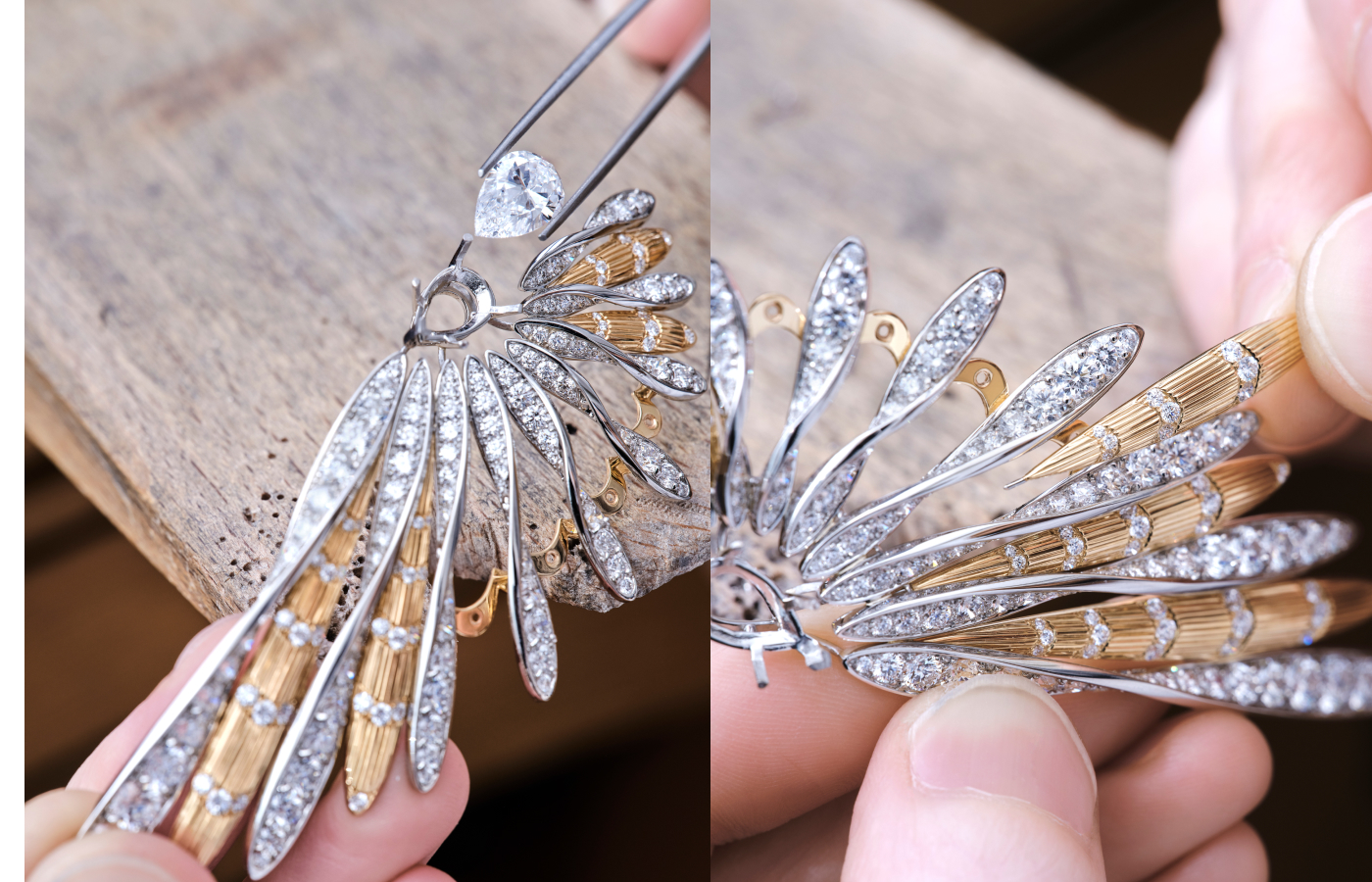  Setting a 2.3-ct pear-cut diamond at the centre of the the Chaumet Plume d'or tiara design