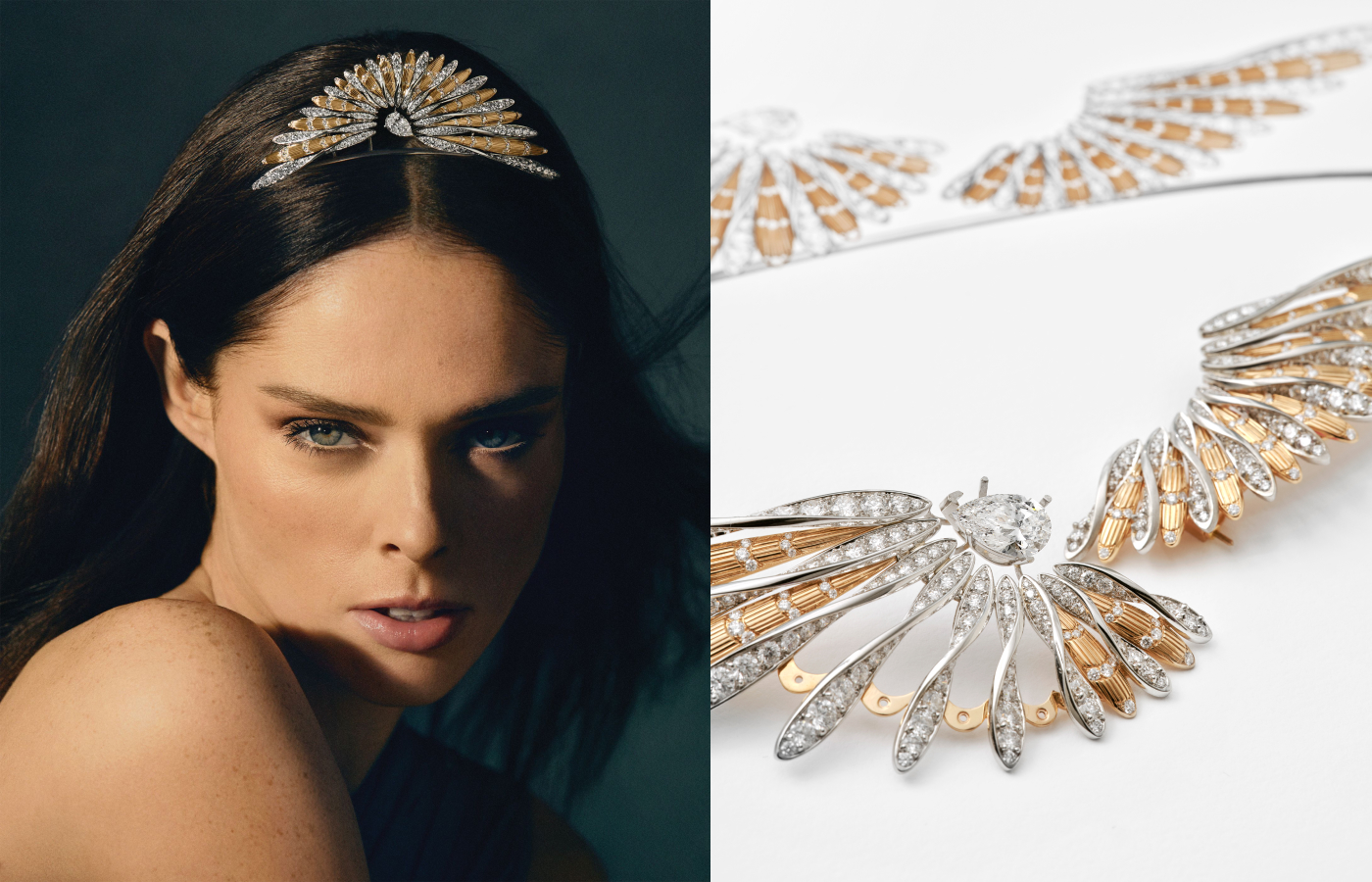 Coco Rocha wearing the Chaumet Plume d'or tiara in platinum, white gold, rose gold and diamond from the Un air de Chaumet collection