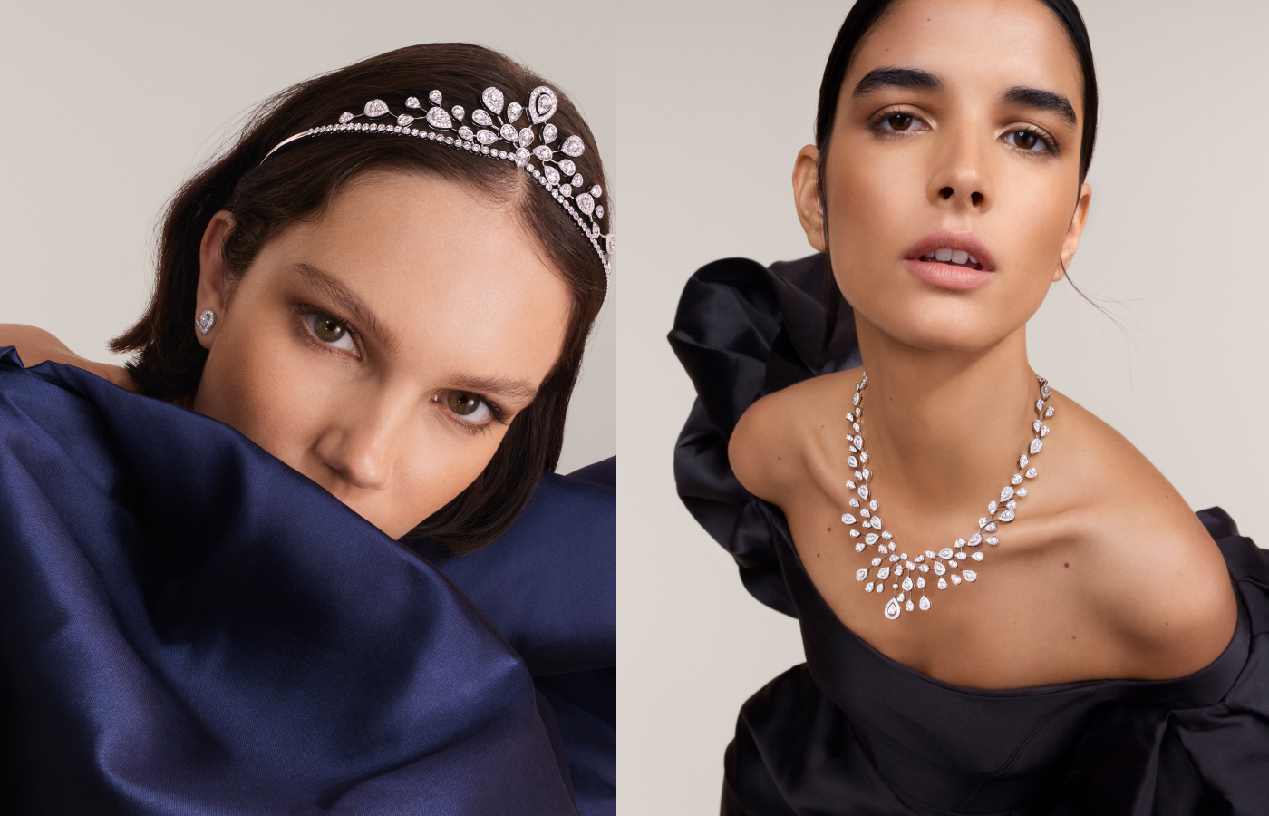 Models wearing Chaumet diadem, earring and necklace from the Josephine collection