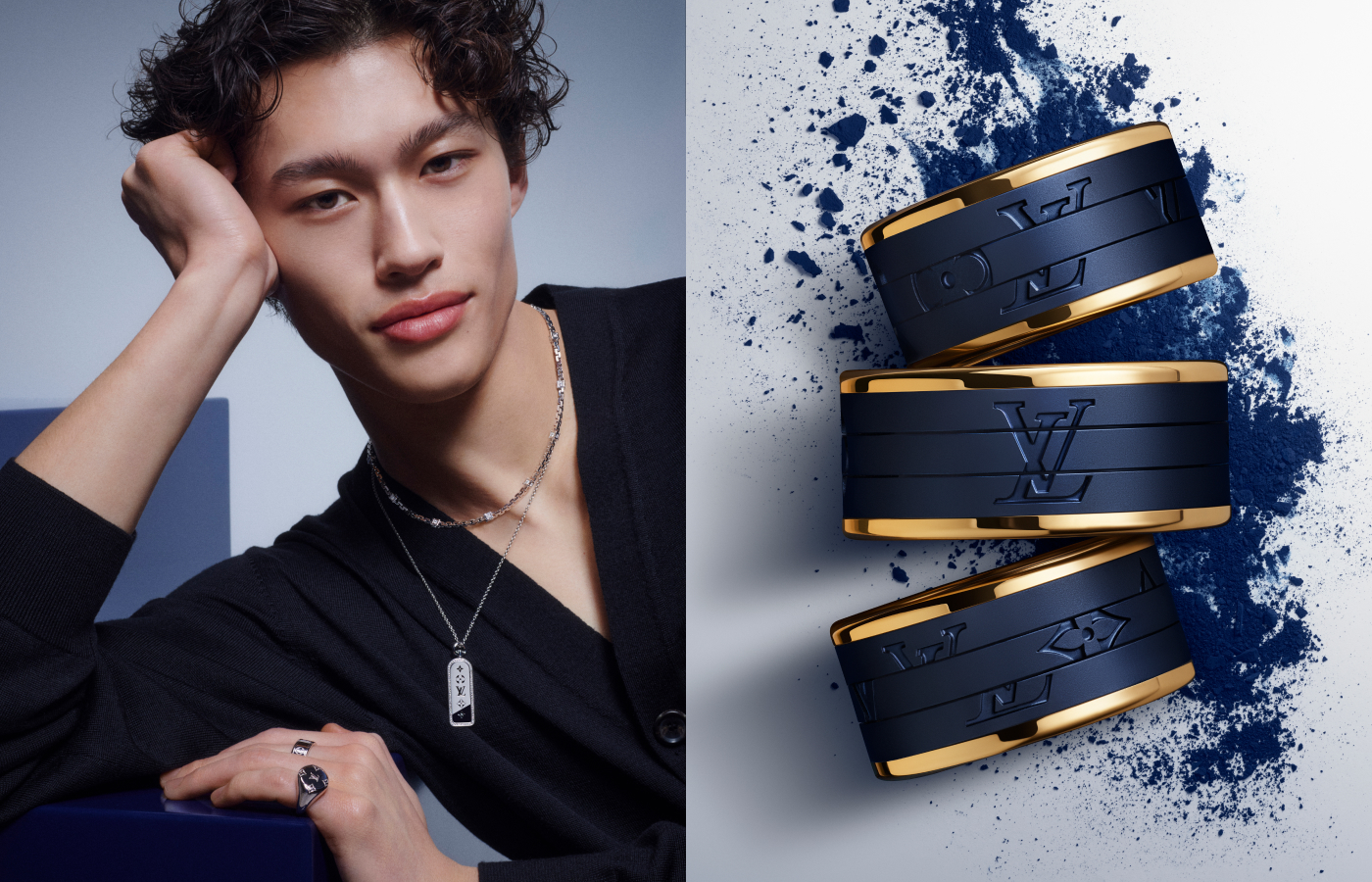 Model wearing a selection of Louis Vuitton Fine Jewellery pieces, alongside Les Gastons Vuitton large ring in gold and titanium from Les Gastons Vuitton collection