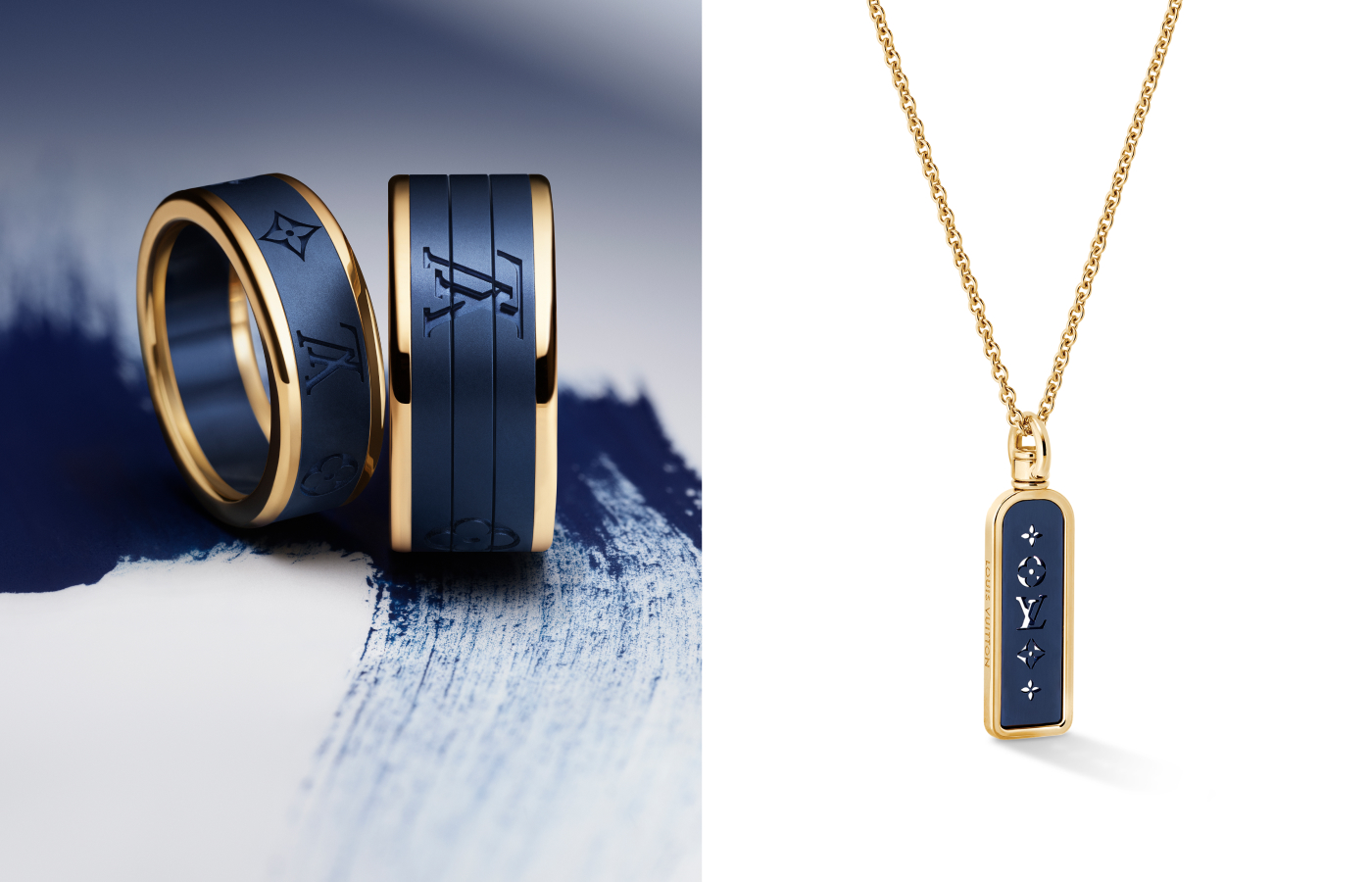  Les Gastons Vuitton large and small rings in gold and titanium alongside the Small tag pendant in gold and titanium from Les Gastons Vuitton collection 
