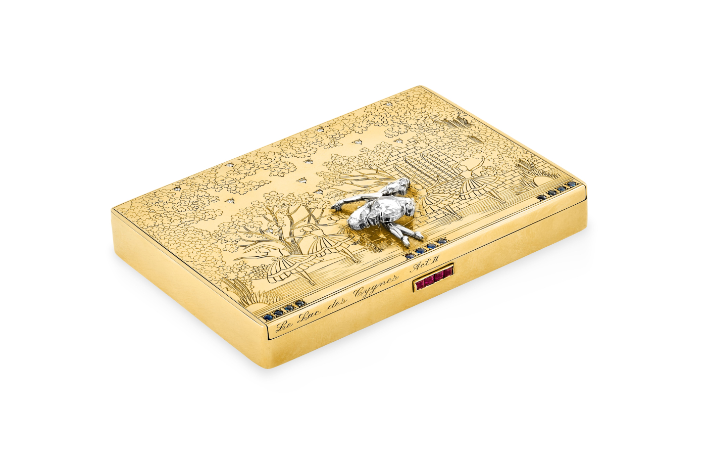  Archival Van Cleef & Arpels Swan Lake powder compact from 1946 in gold, ruby, sapphire and diamond