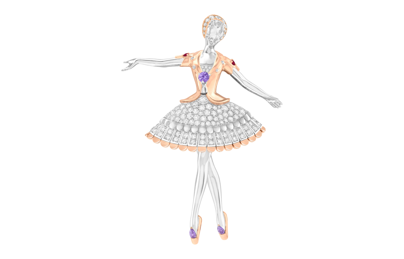  Van Cleef & Arpels Petrouchka ballerina clip in rose gold, white gold, violet sapphire, ruby and diamond from the Ballet Precieux collection