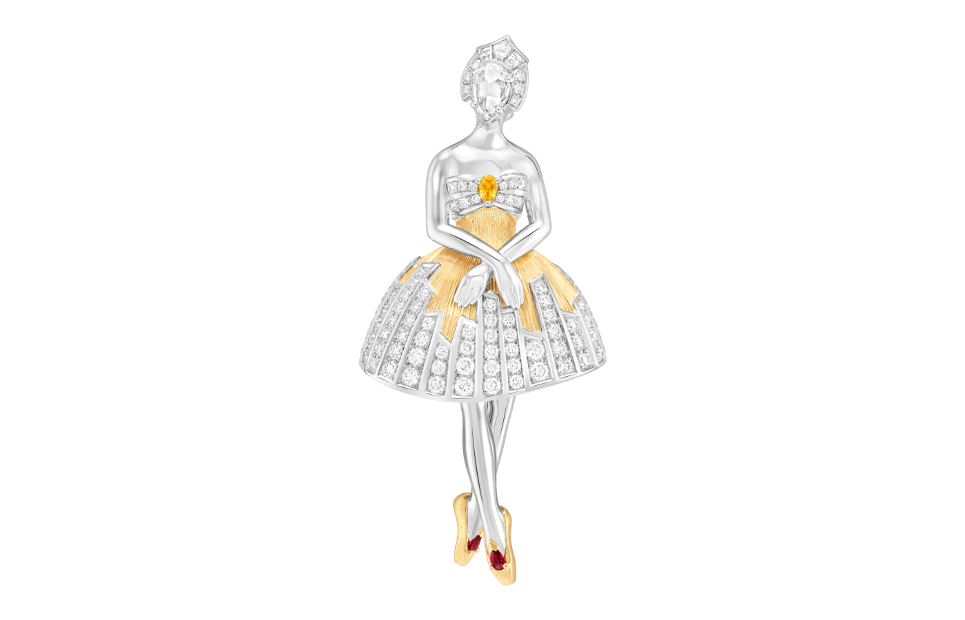  Van Cleef & Arpels Caronne ballerina clip in gold, white gold, ruby, yellow sapphire and diamond from the Ballet Precieux collection