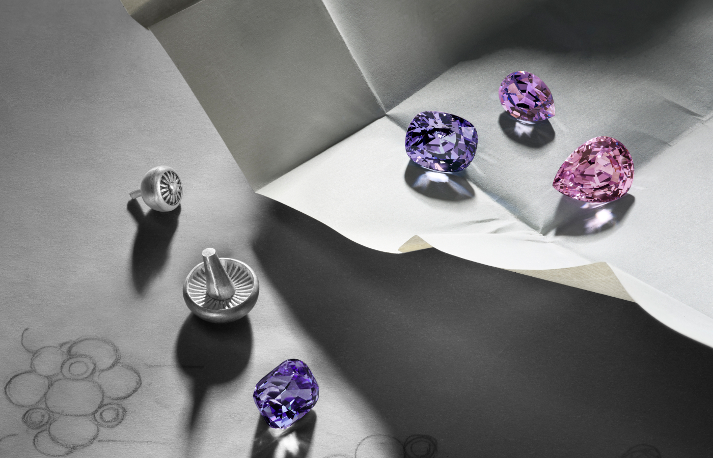  A selection of pink and purple spinels that feature in the Symbiosis necklace of the Louis Vuitton Deep Time Chapter II High Jewellery collection 