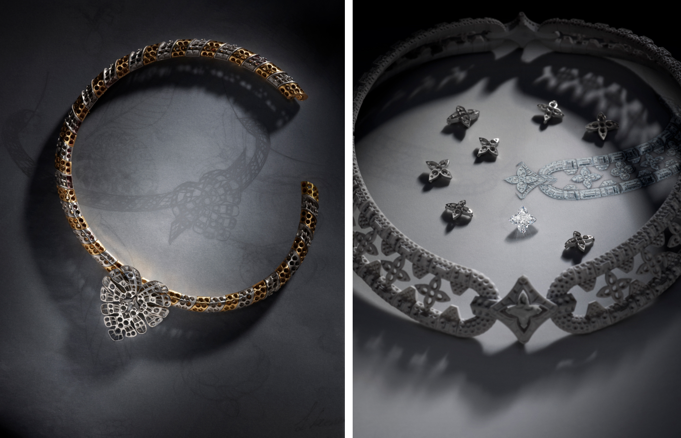 The Plants necklace in progress (left) and the LV Mongram cut diamonds in the Bones necklace, both from the Louis Vuitton Deep Time Chapter II High Jewellery collection 