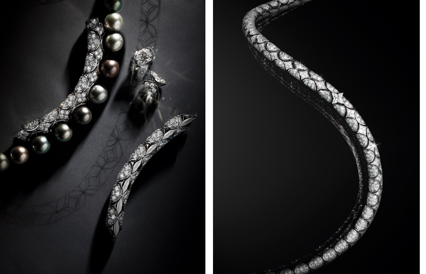 Seeds necklace (left) in 18k white gold with Tahitian pearls and diamonds, and the Seeds necklace with one LV Monogram Star-cut diamond of 1.10 carats, both from the Louis Vuitton Deep Time Chapter II High Jewellery collection