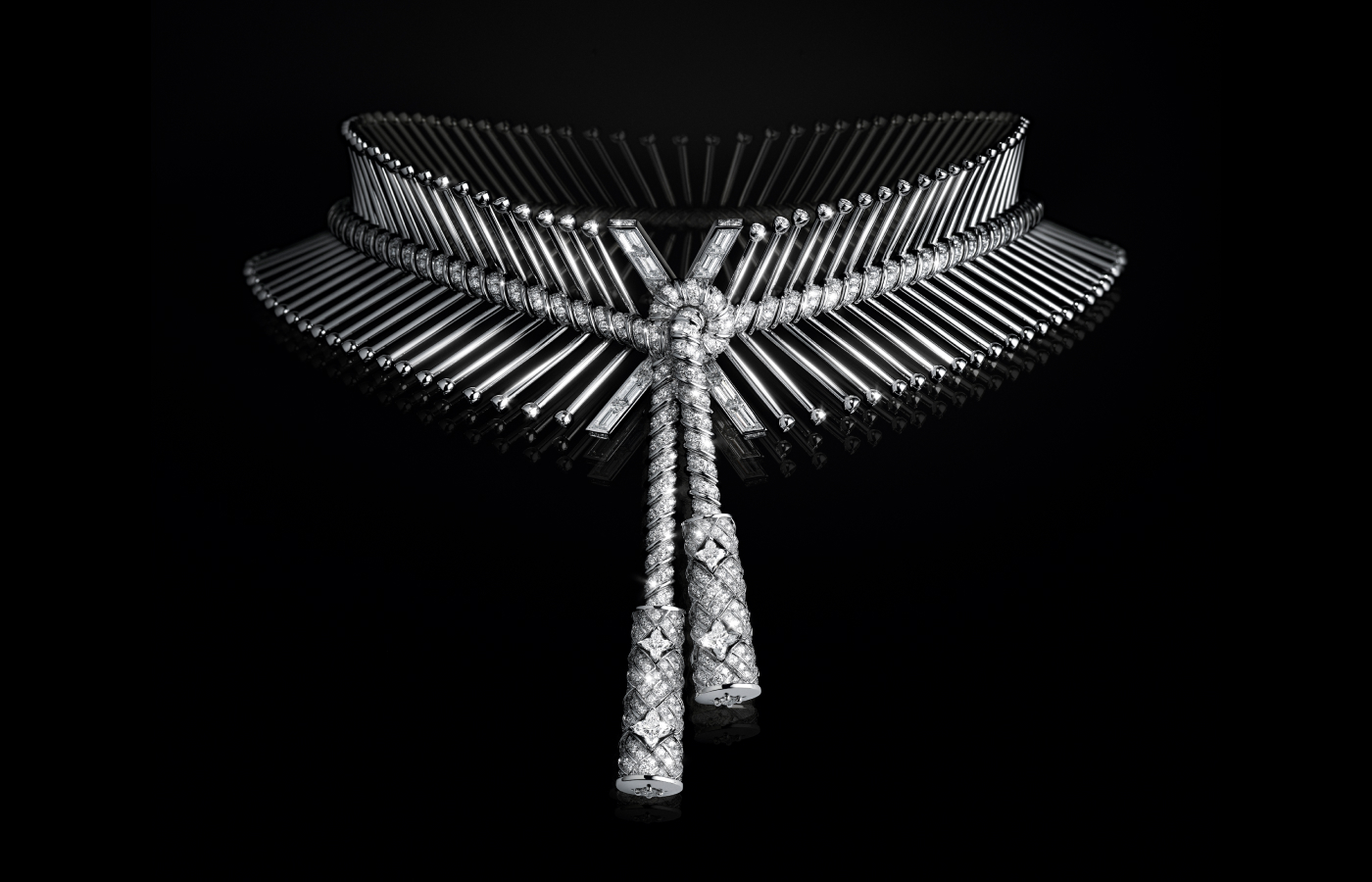 Myriad necklace in 18k white gold with four LV Monogram Star-cut diamonds for 1.91 carats and further diamonds, from the Louis Vuitton Deep Time Chapter II High Jewellery collection