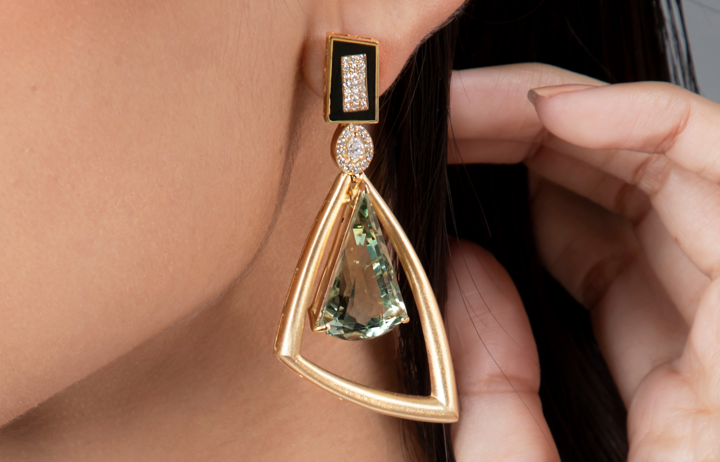 Alanina Abstract Art Green Amethyst and Diamonds Earrings