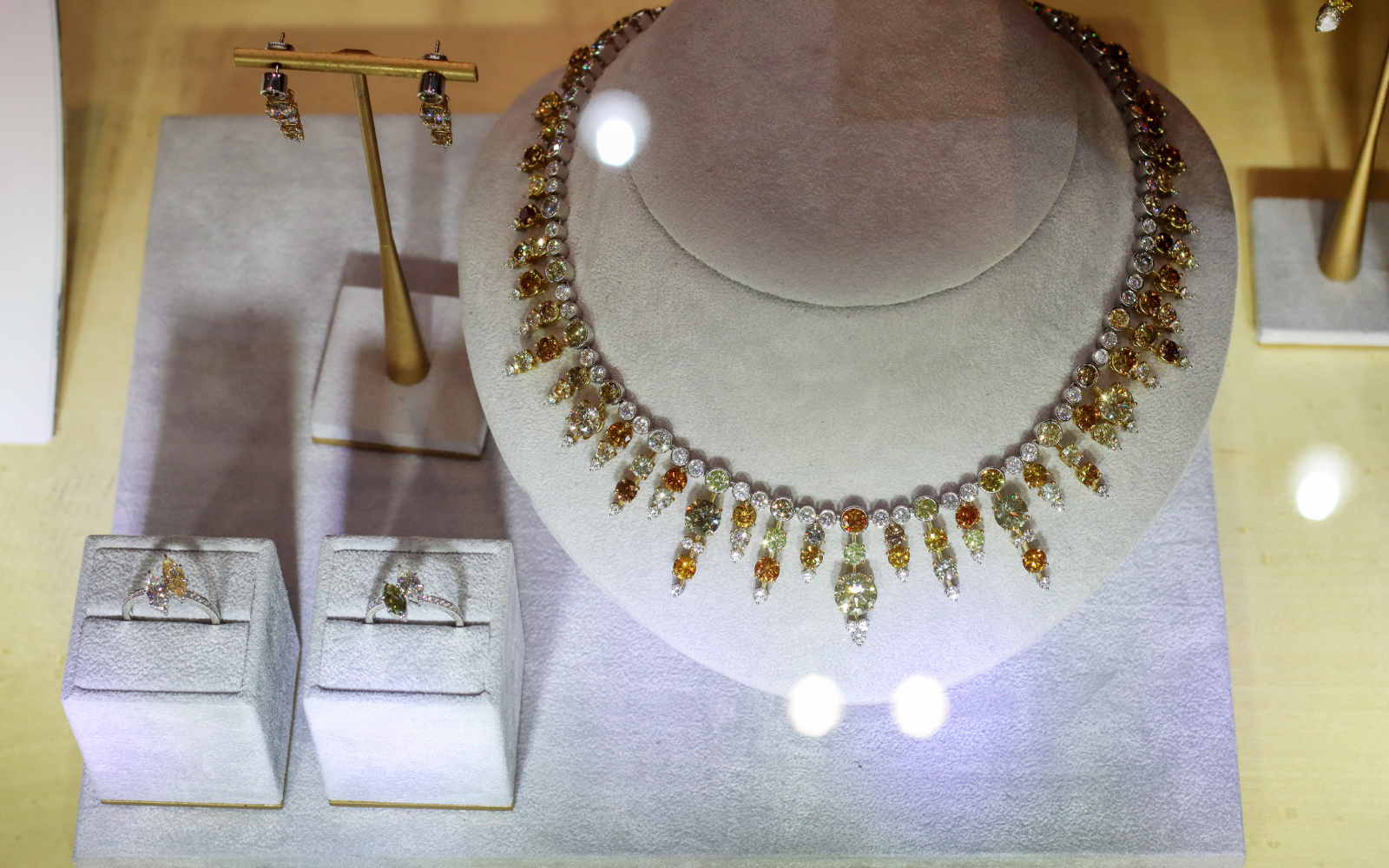 Pieces from the House of GOL Autumn collection, including a necklace with 65.58 carats of natural golden colour diamonds set in 18k yellow gold and platinum