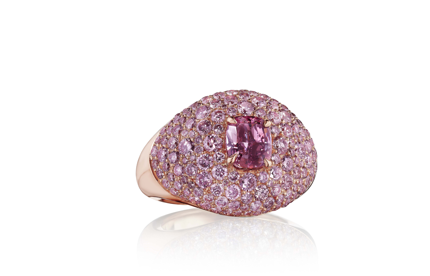  House of GOL Boule ring in 18k rose gold with a 1.44 carat cushion-cut fancy intense purple pink diamond and brilliant-cut fancy intense purple pink mêlée diamonds for a further 2.77 carats 
