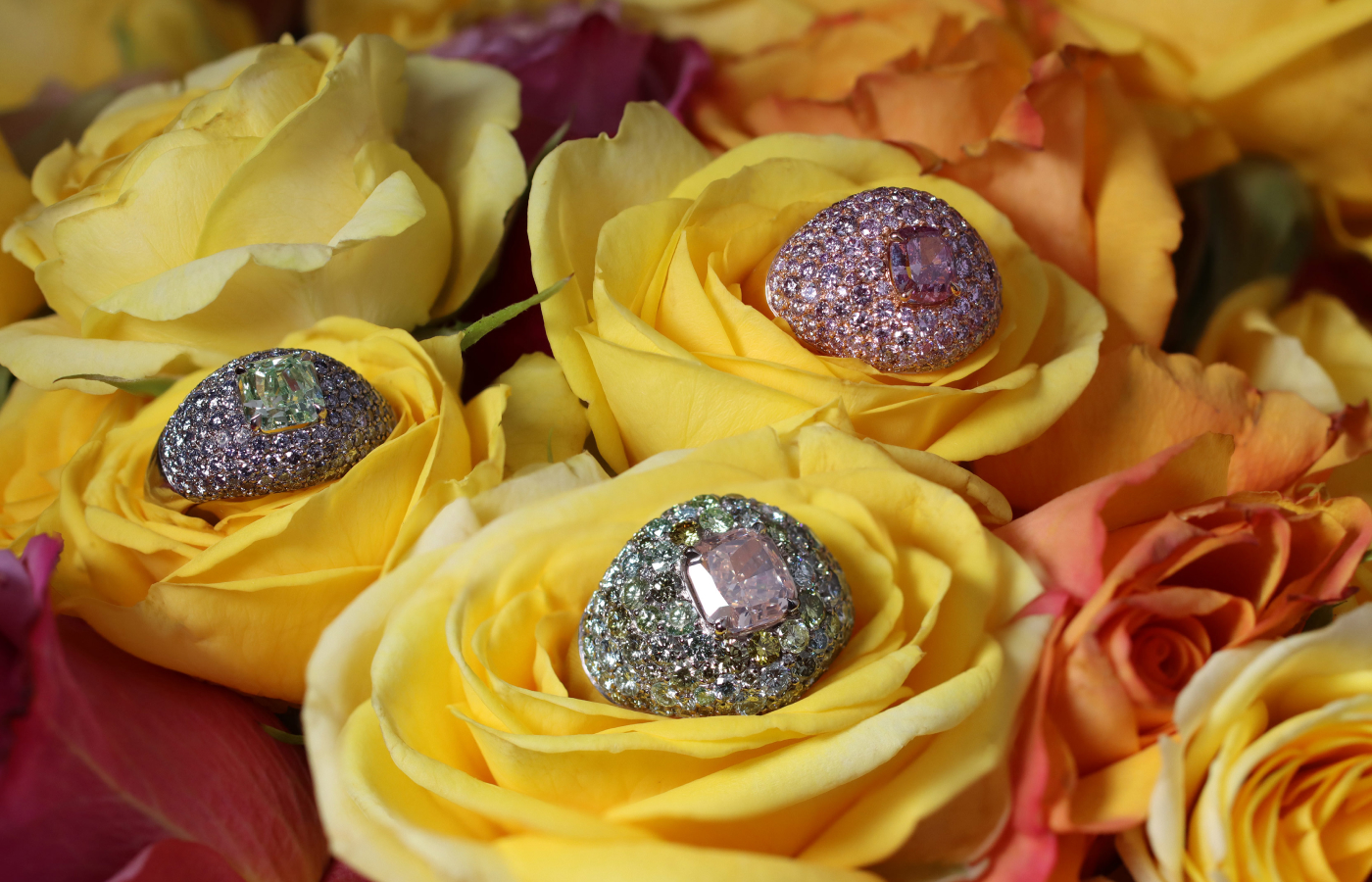 House of GOL Boule rings, inc. (left) a version in 18k white gold with a 1.59 carat radiant-cut fancy intense yellow green diamond and brilliant-cut fancy intense grey blue mêlée of 1.79 carats, and (centre) a 2.30 carat cushion-cut fancy pinkish orange diamond and a further 3.49 carats of diamonds