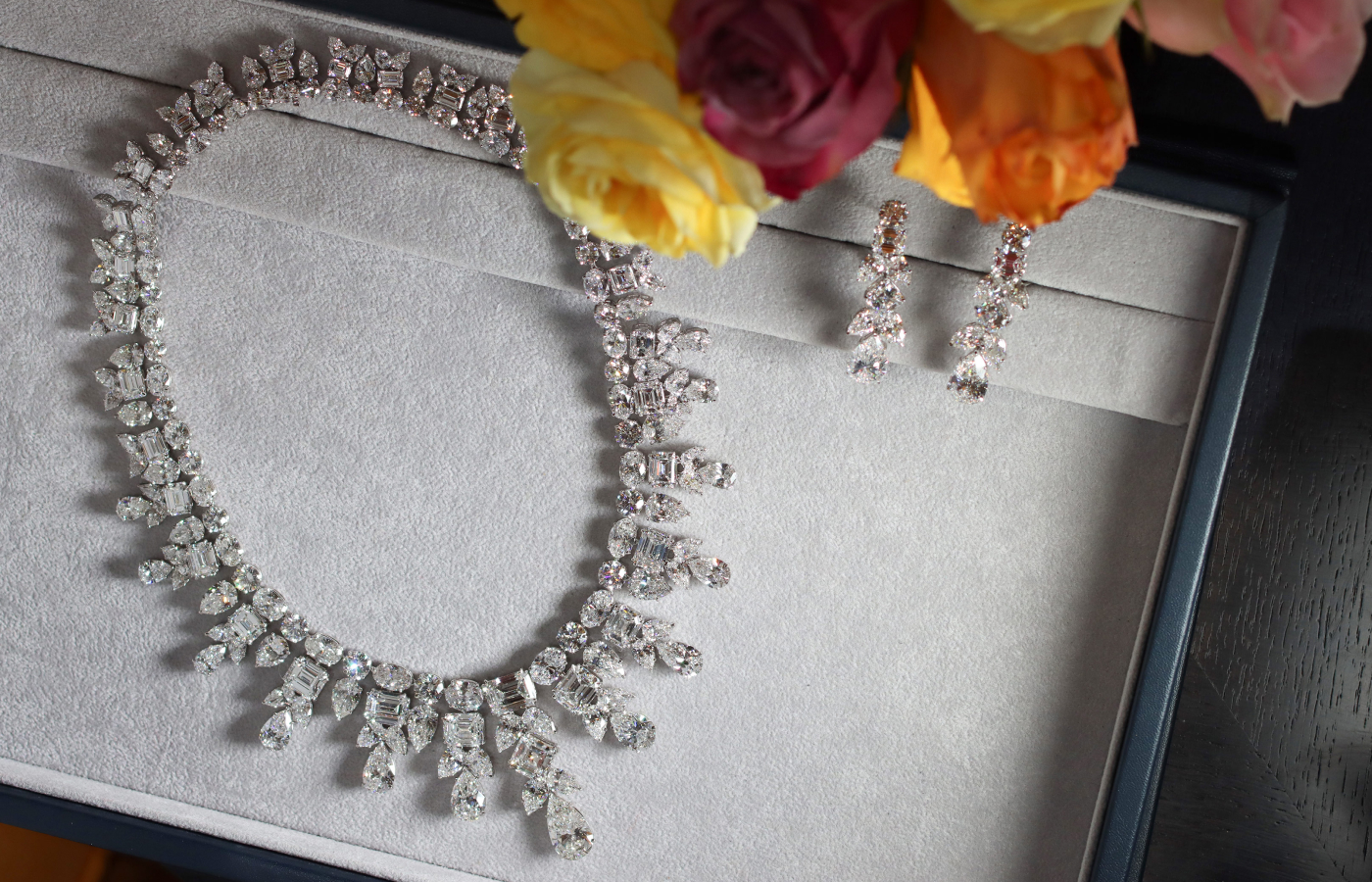 House of GOL fancy-cut colourless diamond necklace and matching earrings from the Reagan collection 
