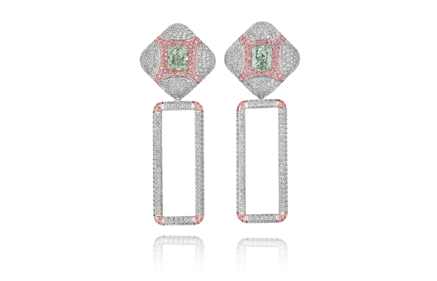  House of GOL earrings with fancy pink and fancy green diamonds surrounded by round brilliant-cut colourless diamonds 