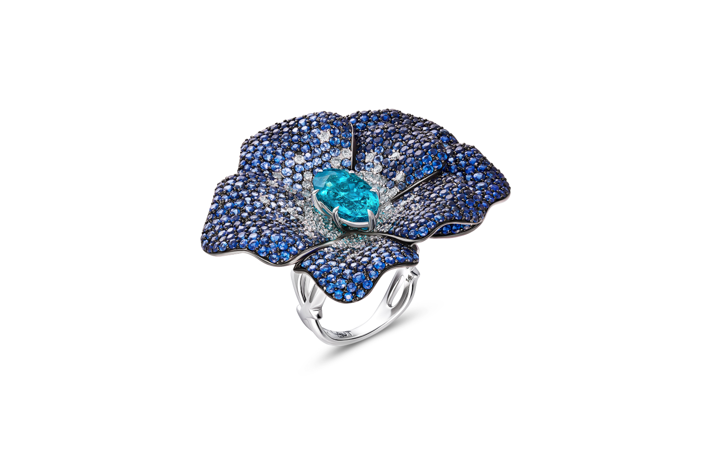  The Unique Show participant Alexander Laut will present high jewellery, such as this floral ring with an oval-shaped Paraiba tourmaline, sapphires and diamonds at Luxury St Moritz in February 2024