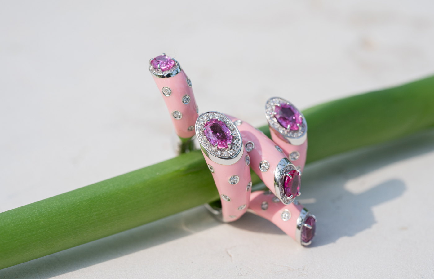 The Unique Show participant Scavia will present high jewellery, such as this Anemone pink ring with diamonds, oval-cut rubies, and pink sapphires in white gold at Luxury St Moritz in February 2024