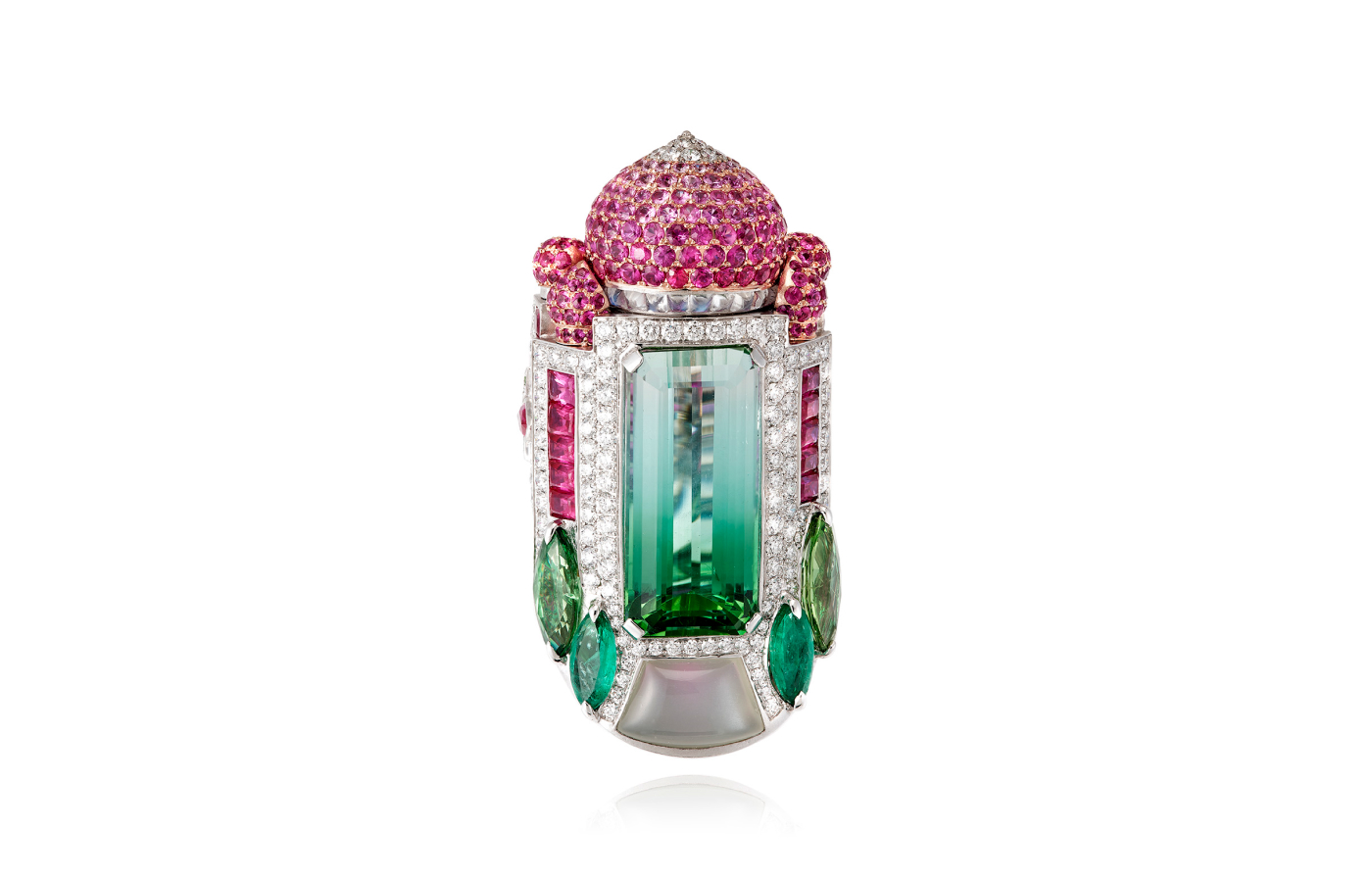  The Unique Show participant Lydia Courteille will present high jewellery, such as this Taj Mahal ring with a 27.24 carat tourmaline, at Luxury St Moritz in February 2024