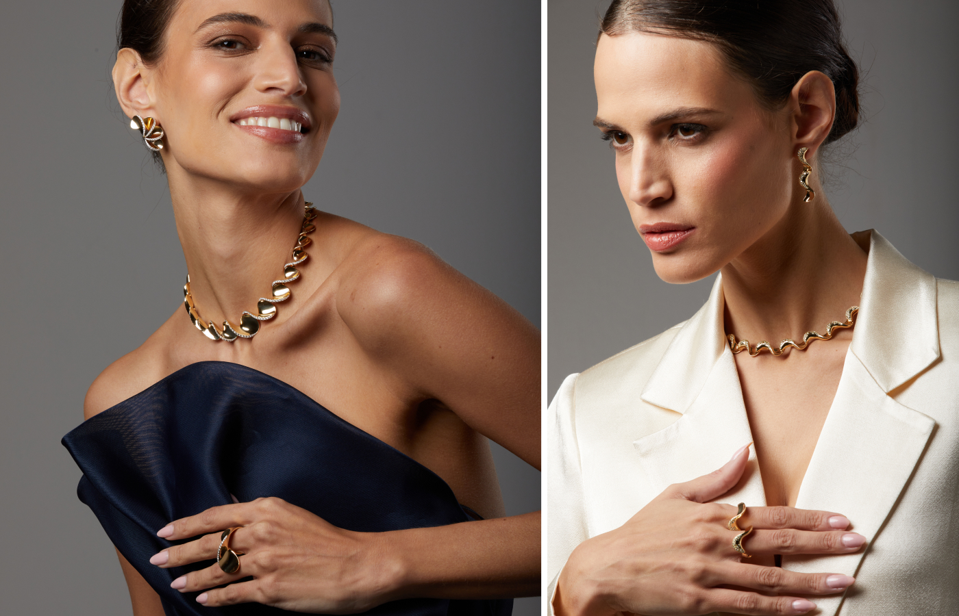  A model wears pieces from the FerriFirenze Elica collection (left) and the Bamboo collection (right), both of which are new for 2024    