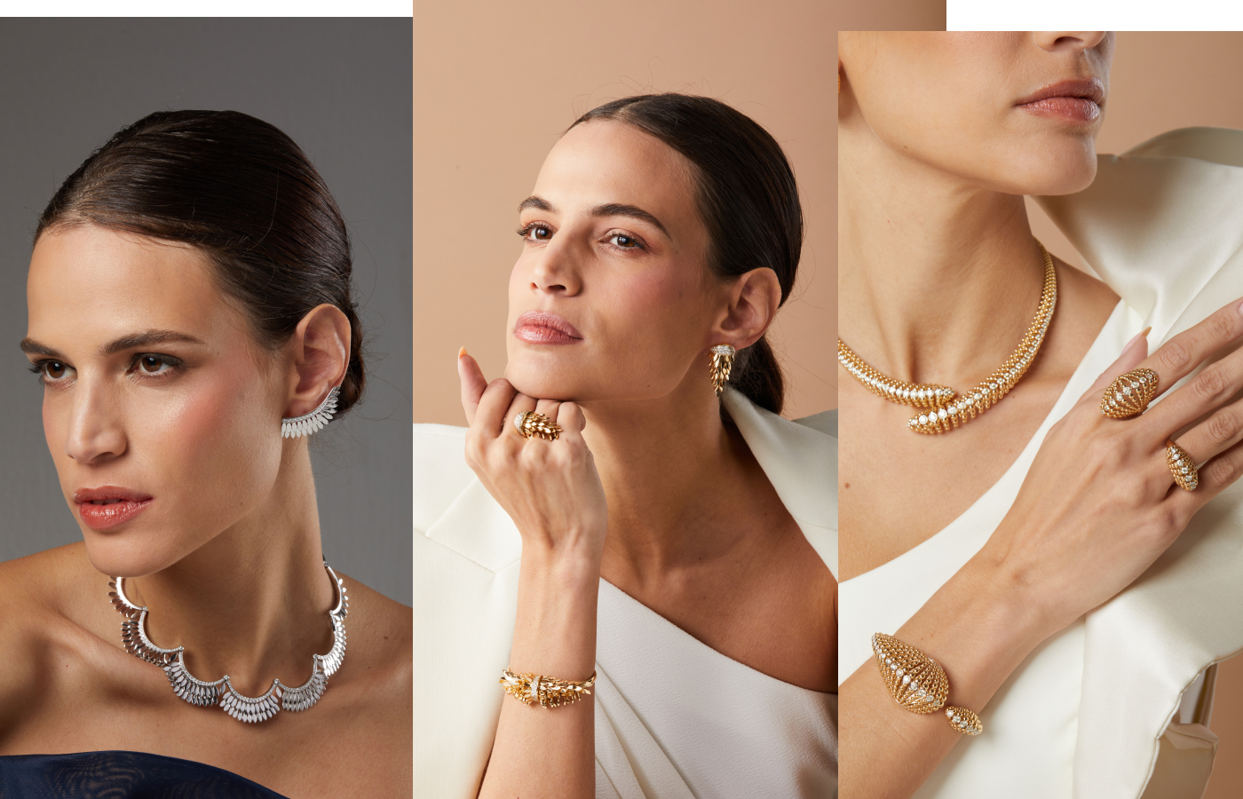 New FerriFirenze fine jewellery creations from the Spettinato collection (left) in 18k white gold, the Spettinato collection in 18k yellow gold and champagne diamonds (centre) and the Bubbles collection, also with champagne diamonds