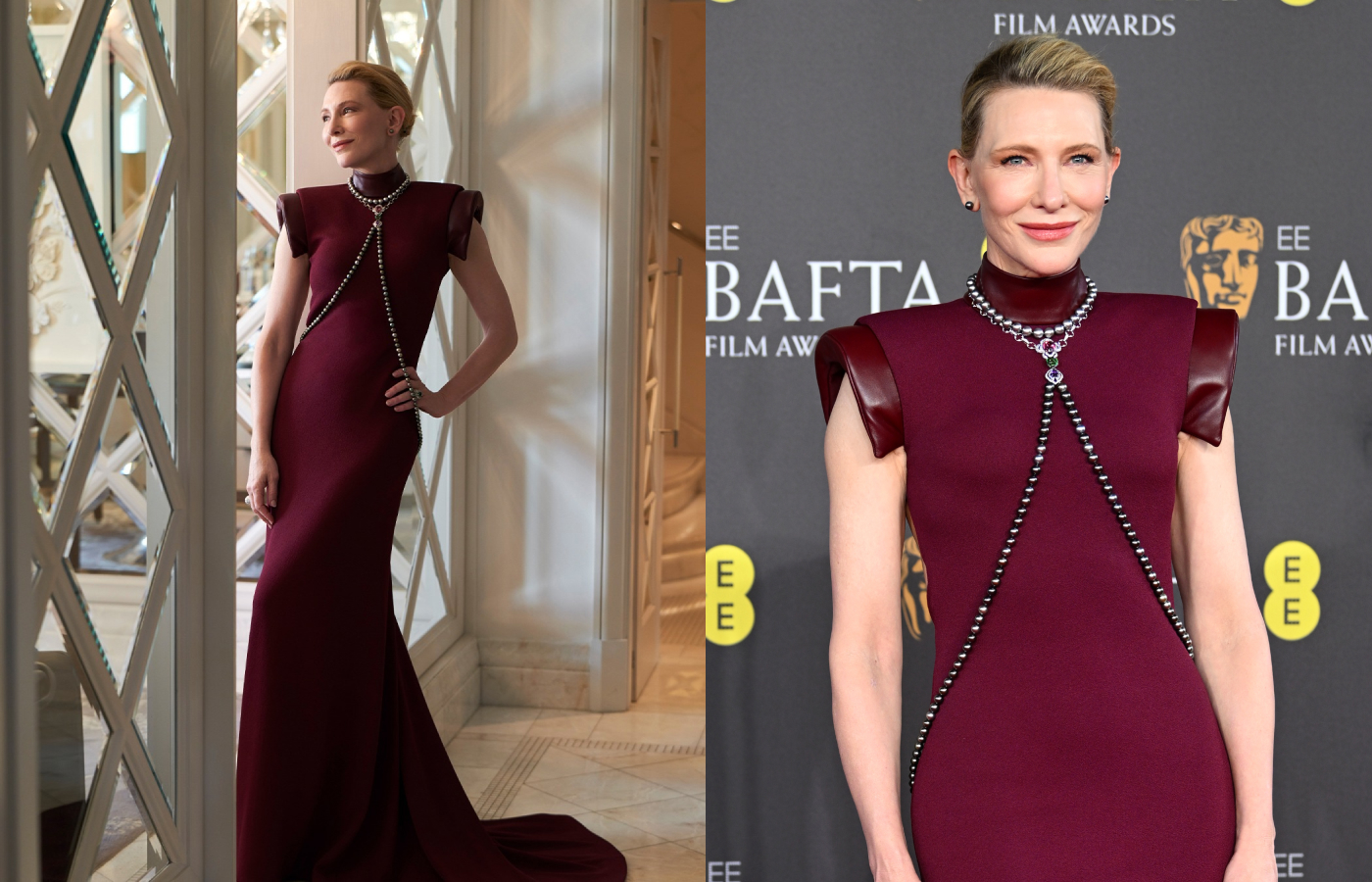 Cate Blanchett wearing a repurposed Louis Vuitton high jewellery body chain in white gold, Tahitian pearls, coloured gemstones, including a 15.25-ct cushion-cut pink spinel, a 10.73-ct cushion-cut tsavorite garnet and a 2.70-ct oval purple sapphire, and diamonds