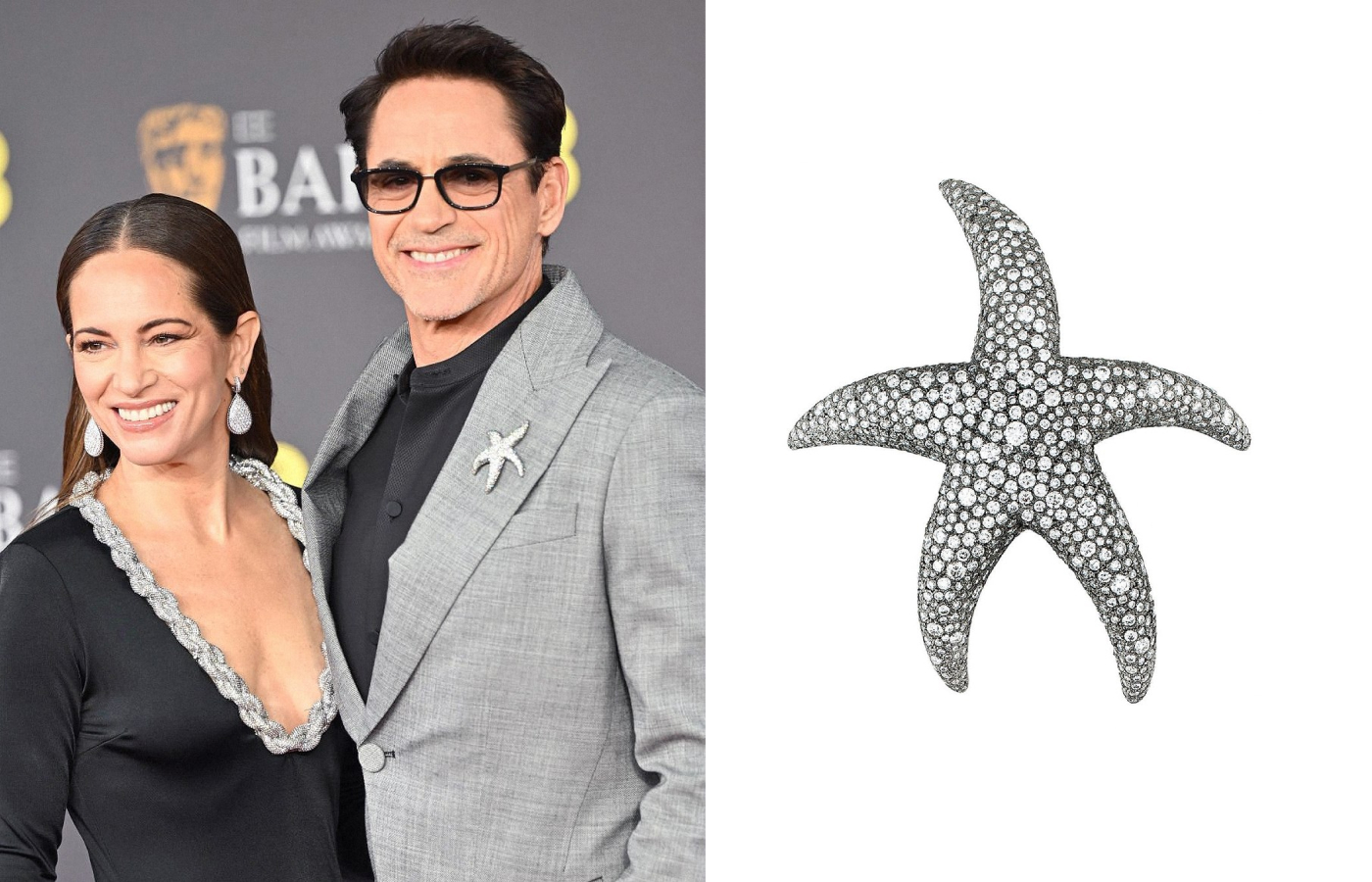  Robert Downey Jr. in a white gold and diamond brooch by Rahaminov Diamonds, and a white gold and diamond George signet ring by State Property 