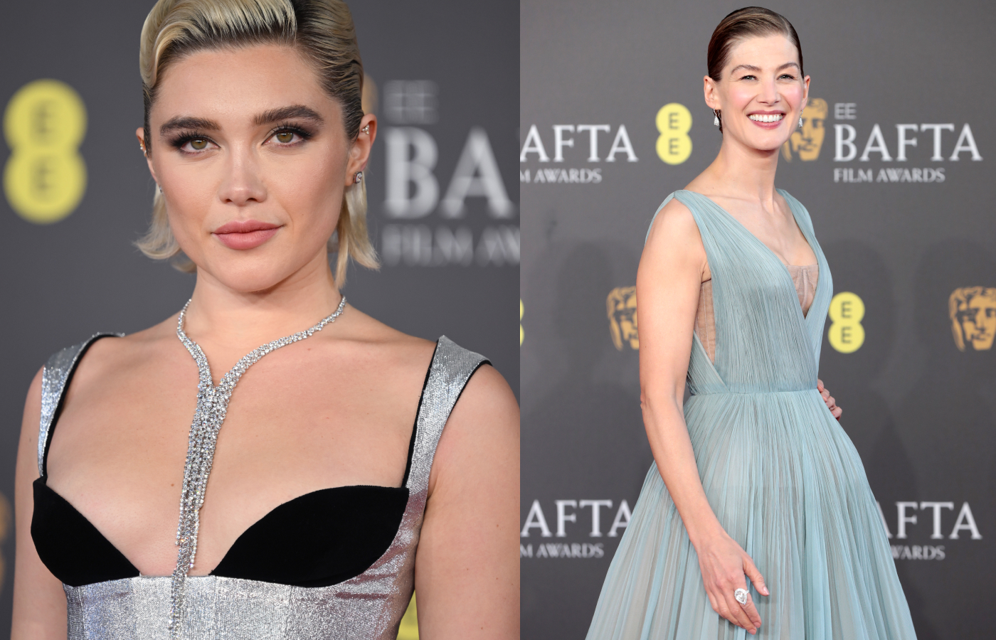  Florence Pugh in a white gold and diamond Rosée necklace, alongside Rosamund Pike in white gold and diamond Serpent Bohème Sleepers Medium Motif earrings and white gold and diamond Noued  ring, all by Boucheron 