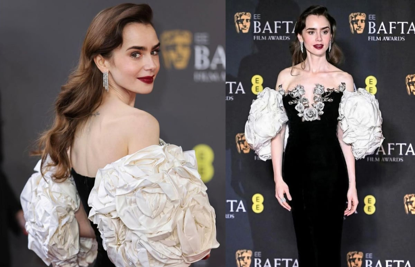 Lily Collins in white gold and diamond earrings by Cartier 