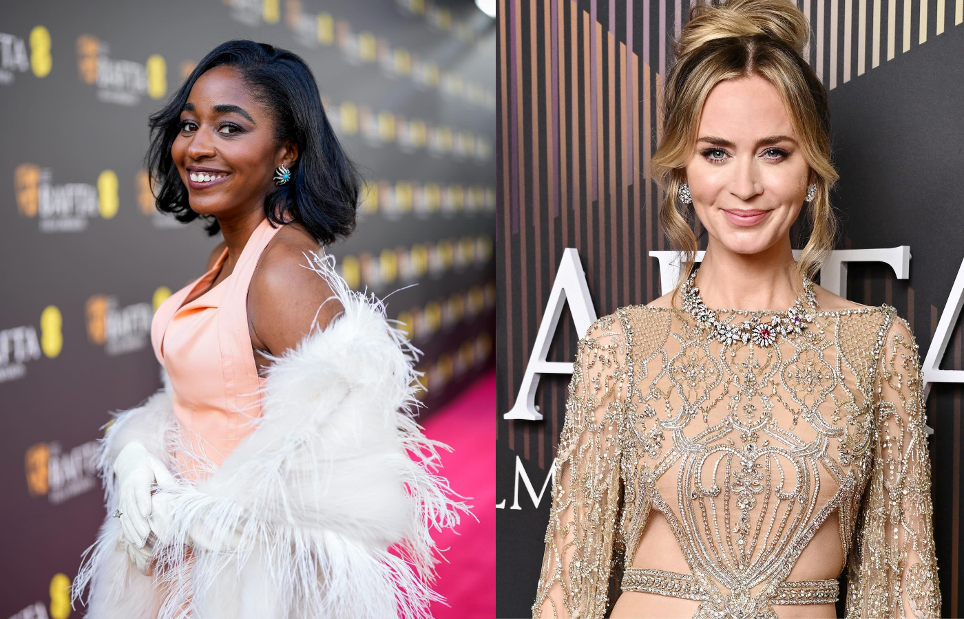 Ayo Edibiri in gold, platinum, turquoise and diamond Jean Schlumberger Hedges and Rows ear clips, alongside Emily Blunt in gold, platinum and multicoloured gemstones Jean Schlumberger by Fleaurage necklace, and two platinum and diamond rings, all by Tiffany & Co