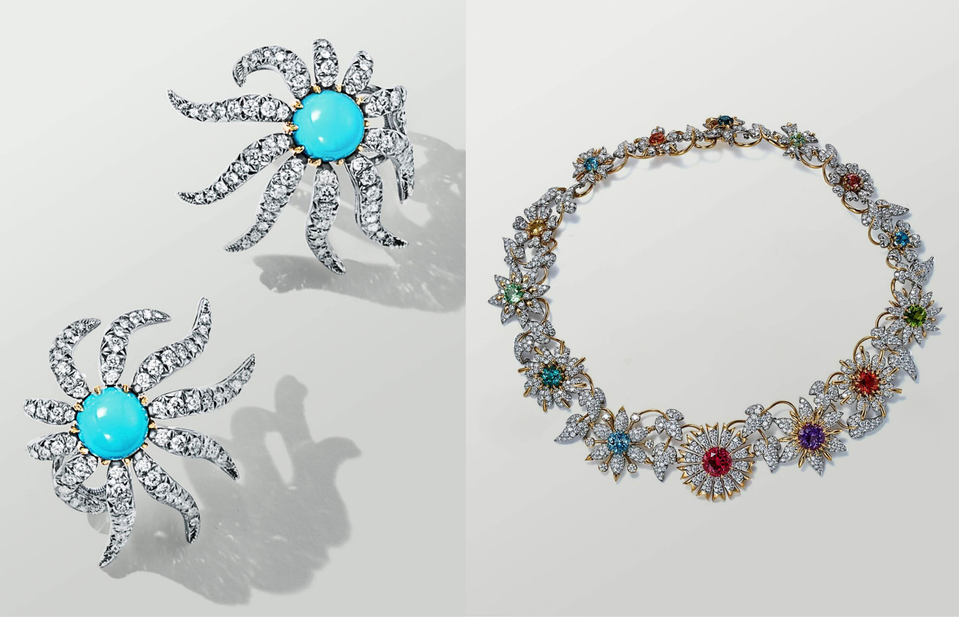  Jean Schlumberger by Tiffany Hedges and Rows ear clips in gold, platinum, turquoise and diamond and a Jean Schlumberger by Tiffany Fleaurage necklace in gold, platinum and multicoloured gemstones