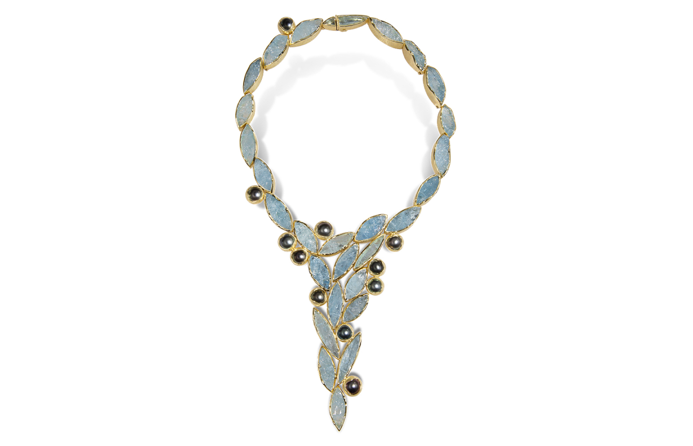  Todd Reed necklace in 18k yellow gold, 14k white gold and palladium, set with 304.04 carats of aquamarine and Tahitian pearls 