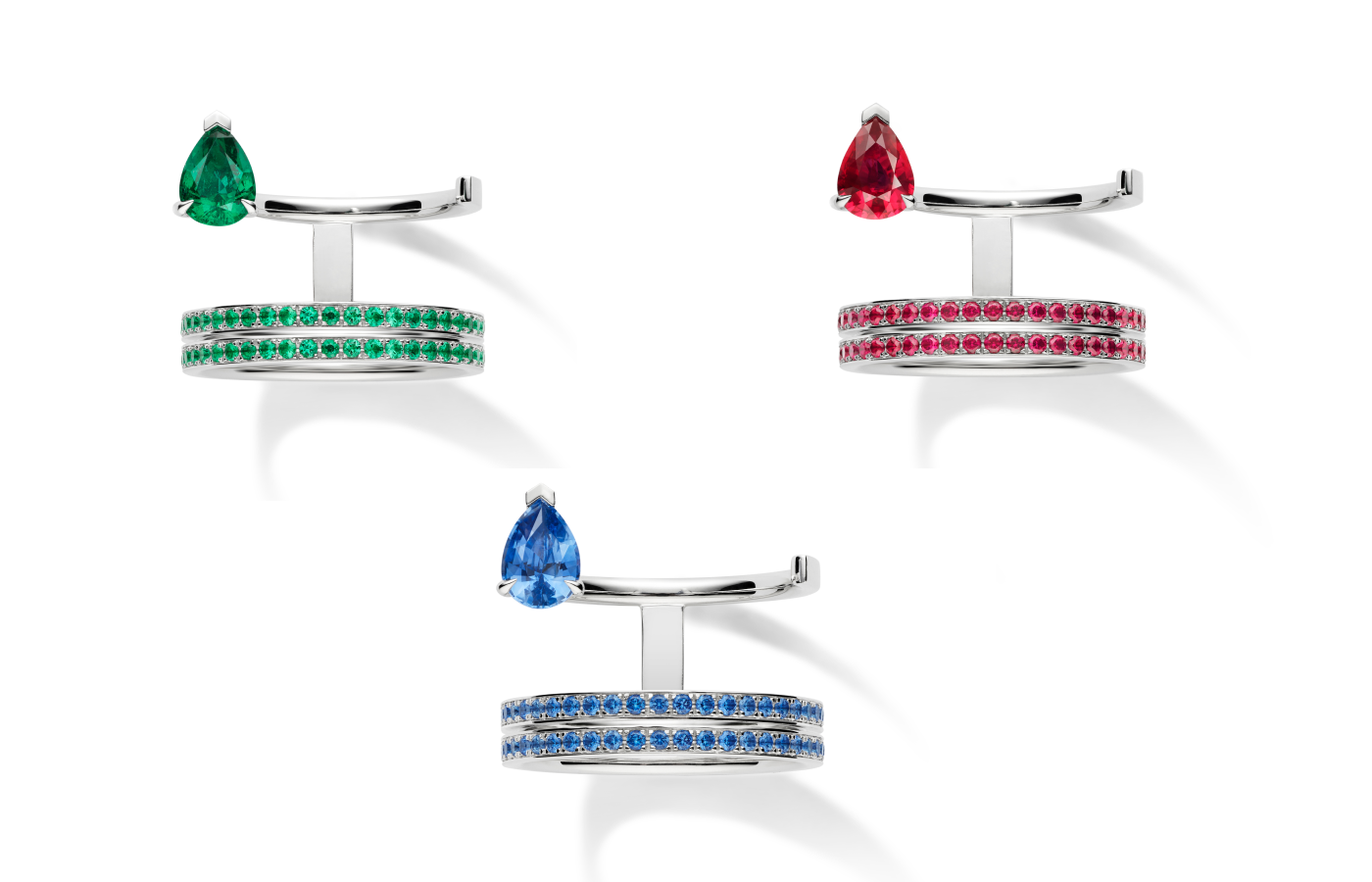 Repossi Serti Sur Vide Colorblock rings in white gold, emerald, sapphire and ruby