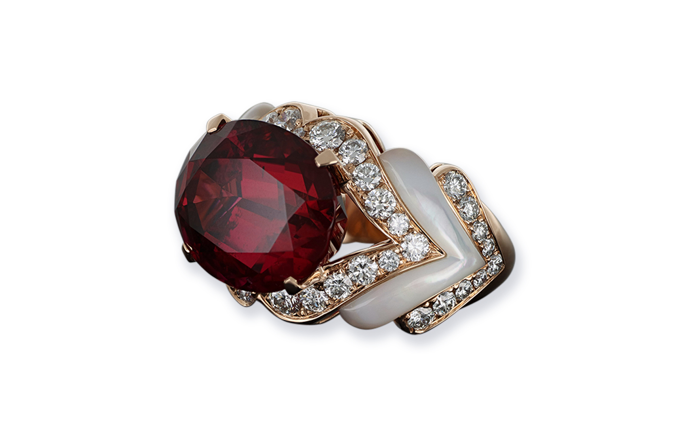  J’OR Jewels Scarlet Kiss ring in 18k rose gold, set with mother of pearl, diamonds and a central rubellite