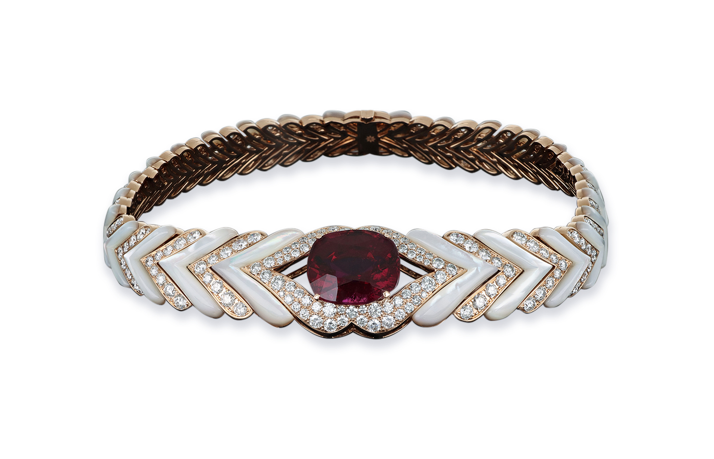J’OR Jewels Scarlet Kiss necklace in 18k rose gold, set with mother of pearl, diamonds and a central rubellite