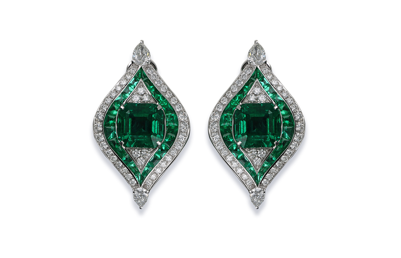  J’OR Jewels Green Eyes earrings in 18k white gold with emeralds and diamonds 