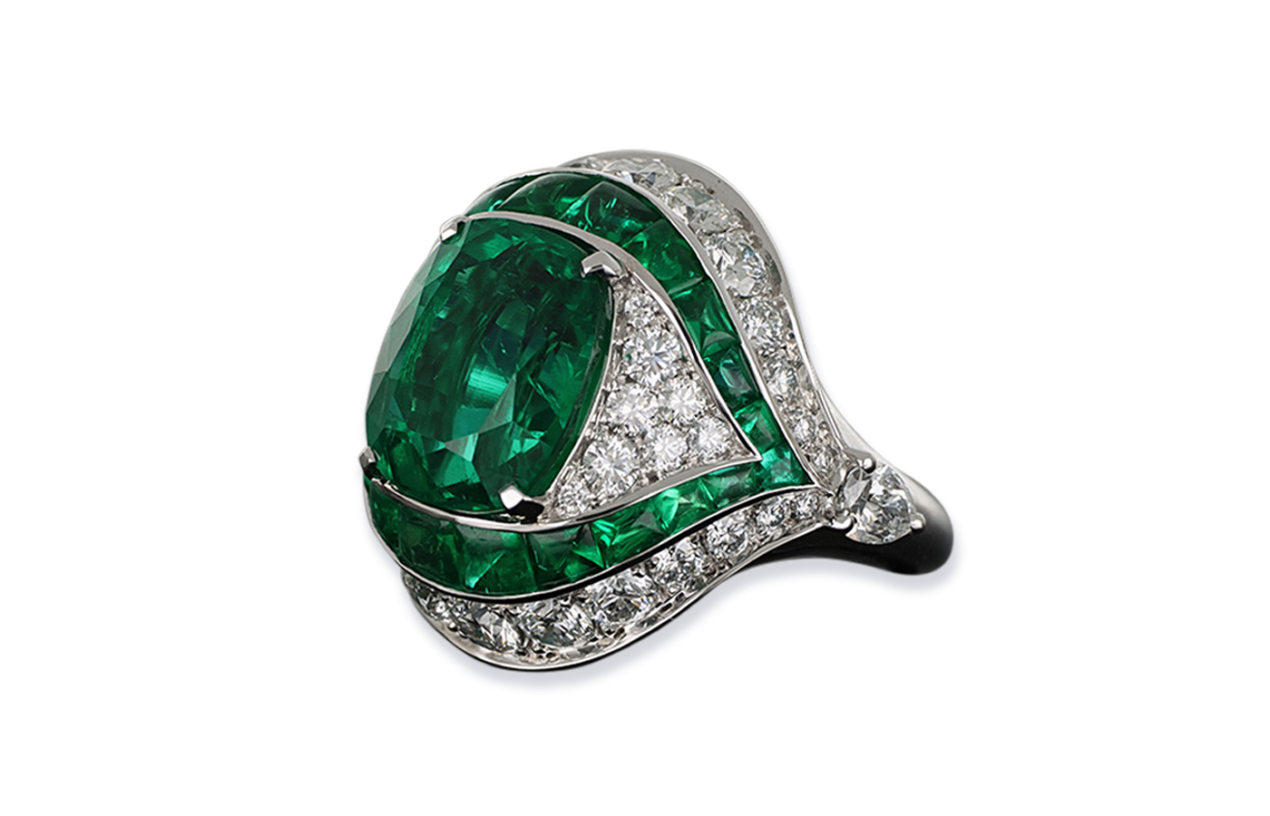 J’OR Jewels Green Eyes ring in 18k white gold with emeralds and diamonds 