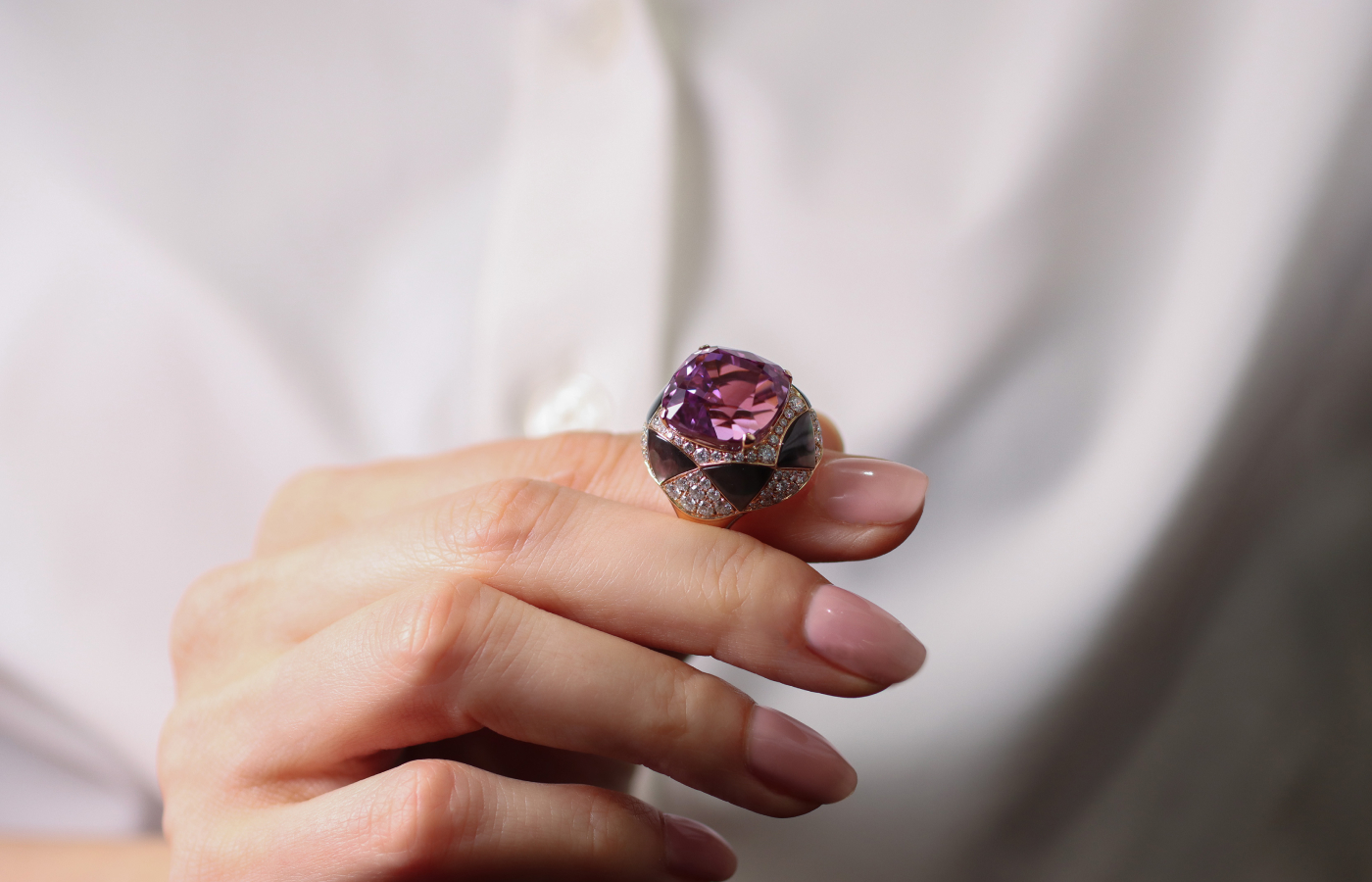  The J’OR Jewels Gothica collection, including this cocktail ring, centres on pink-lilac kunzite gemstones, mother of pearl and diamonds 
