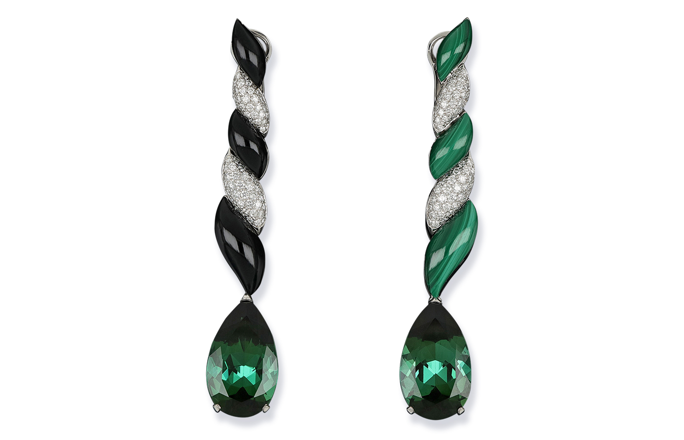  J’OR Jewels asymmetric Twist earrings in 18k white gold with colourless and black diamonds, green tourmaline, malachite and onyx 