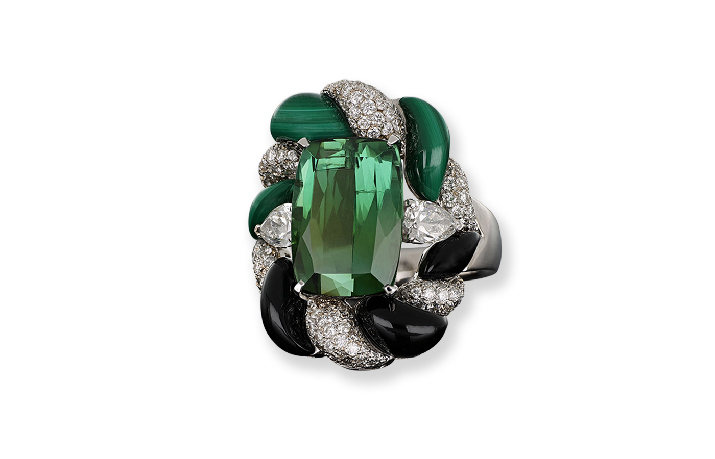  J’OR Jewels Twist cocktail ring in 18k white gold with colourless and black diamonds, green tourmaline, malachite and onyx 