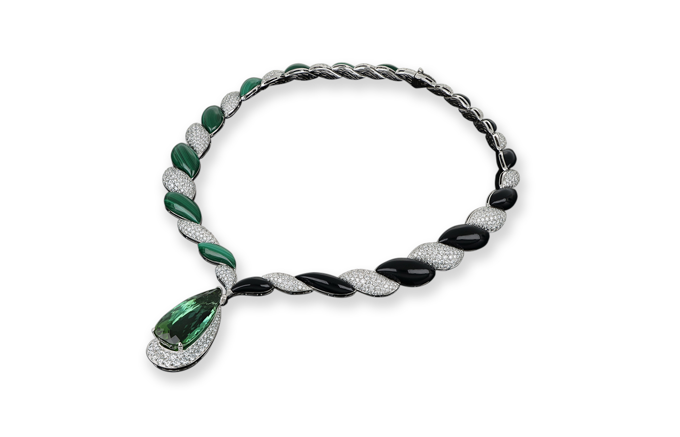 J’OR Jewels Twist necklace in 18k white gold with colourless and black diamonds, green tourmaline, malachite and onyx 