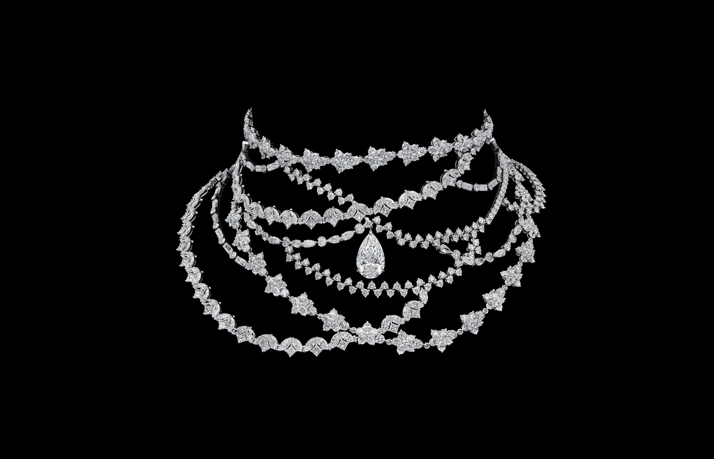  Dior Delicat high jewellery necklace in white gold and diamond, featuring a 7.08-ct pear-shaped diamond by Dior Joaillerie