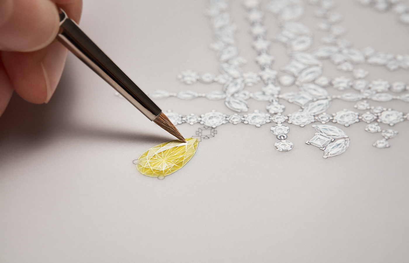  Drawing of the Dior Delicat high jewellery necklace in gold, white gold and diamond, featuring a 4.51-ct yellow pear-shaped diamond by Dior Joaillerie
